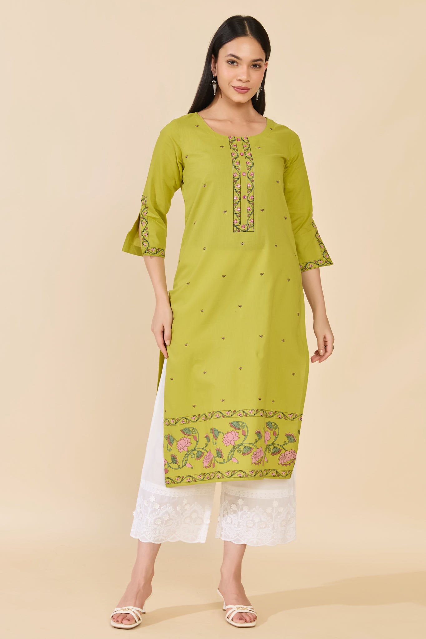 GREEN FLORAL PRINTED COTTON KURTA