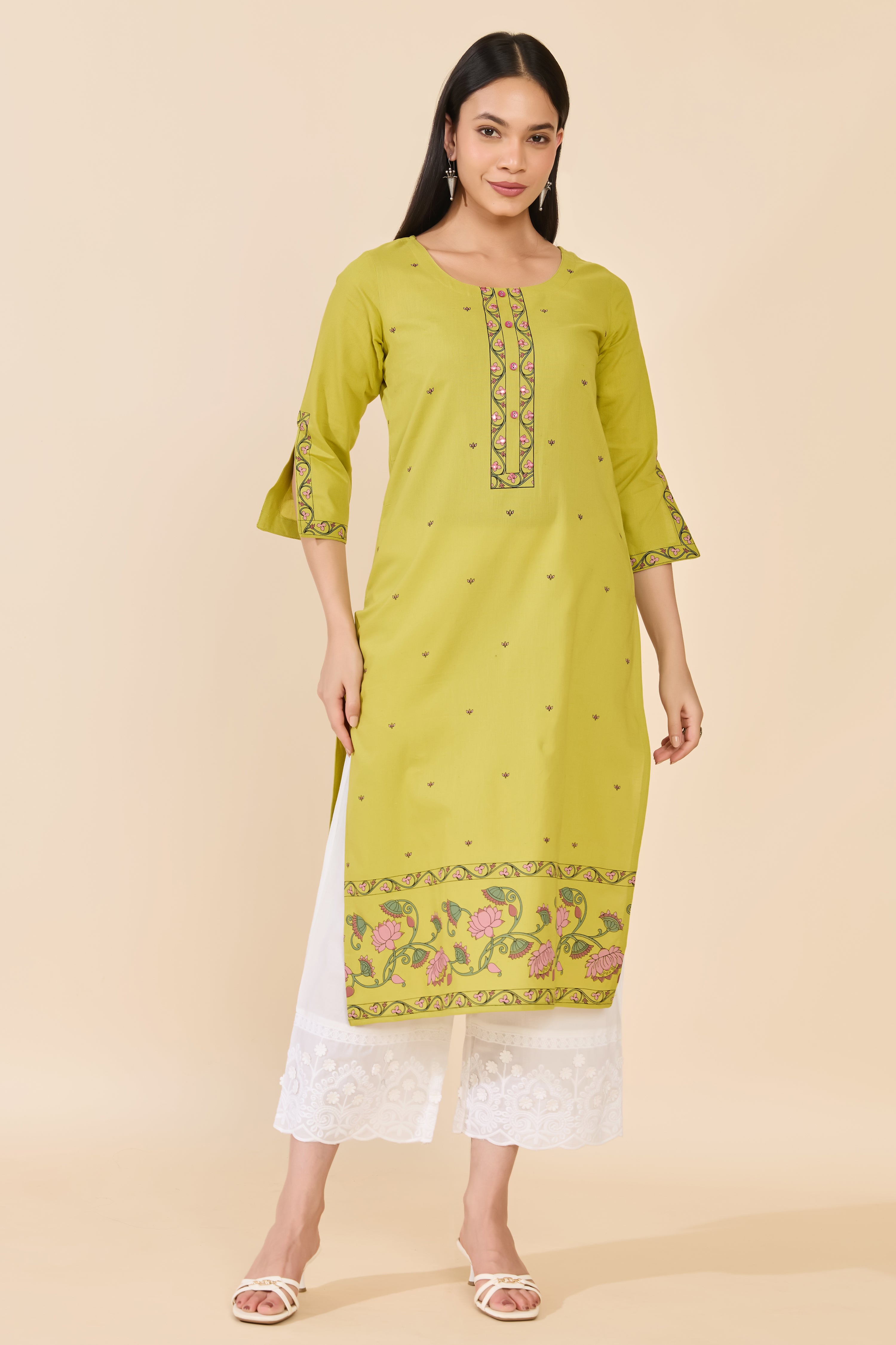 GREEN FLORAL PRINTED COTTON KURTA