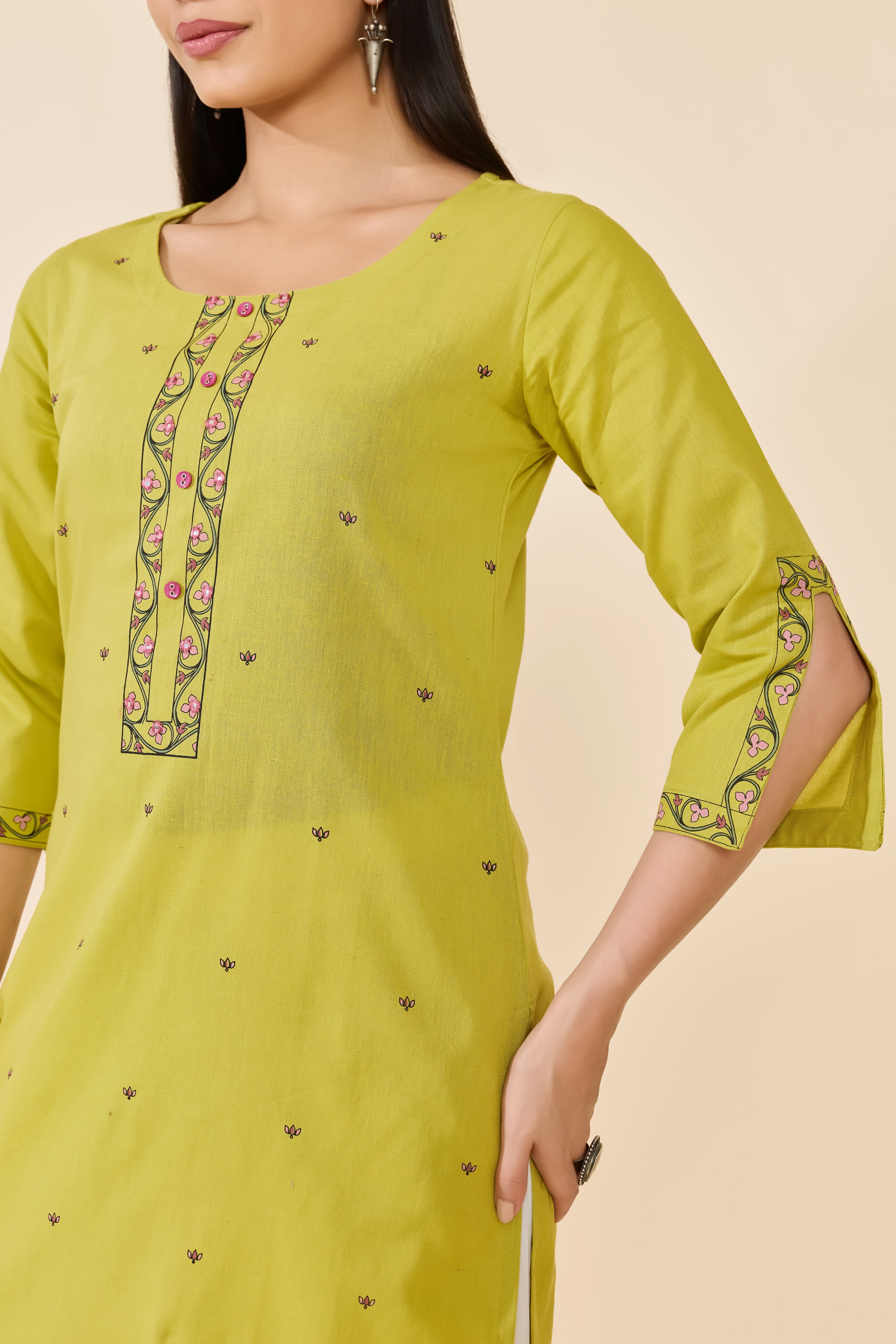 GREEN FLORAL PRINTED COTTON KURTA