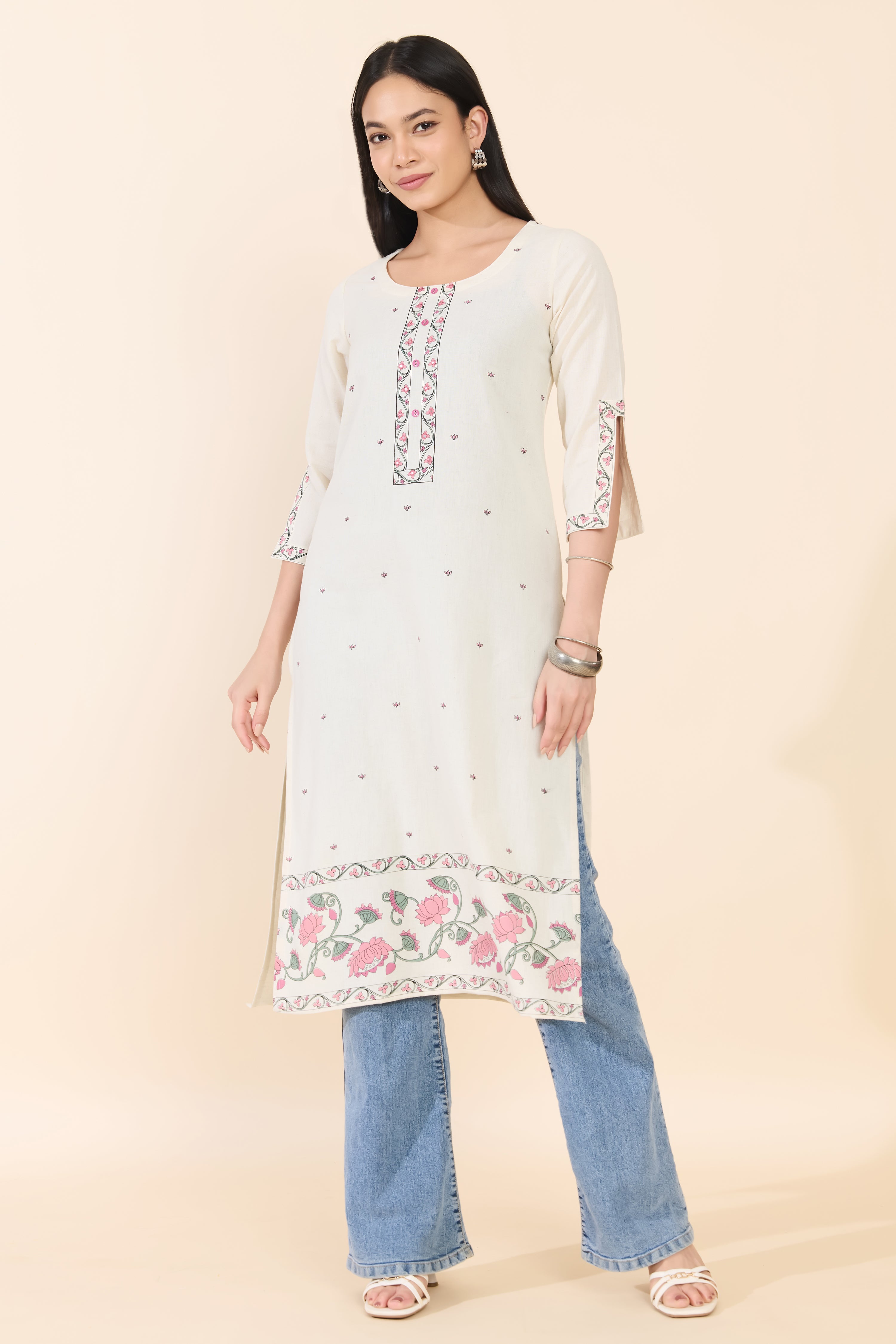 OFF WHITE FLORAL PRINTED COTTON KURTA