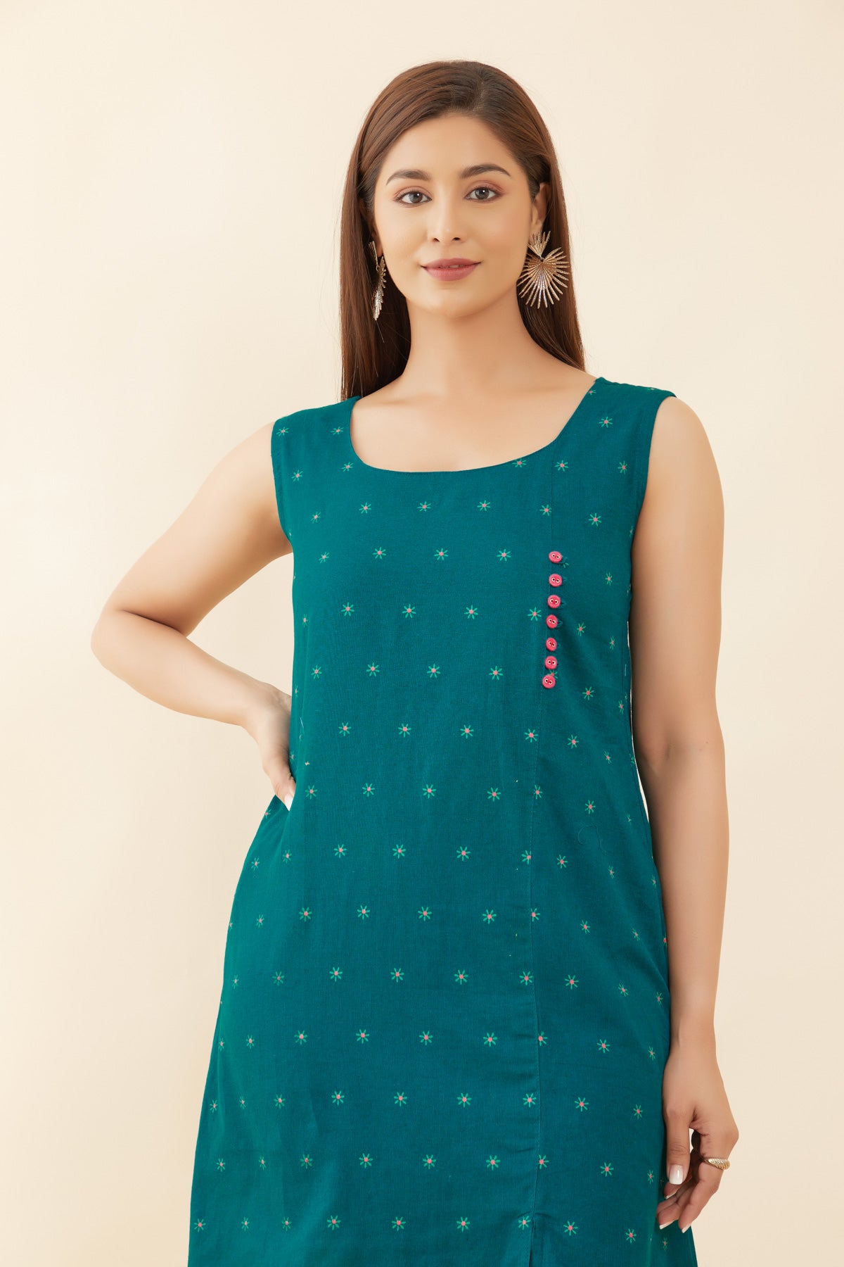 All Over Floral Sleeveless With Side Slit A Line Kurta Green