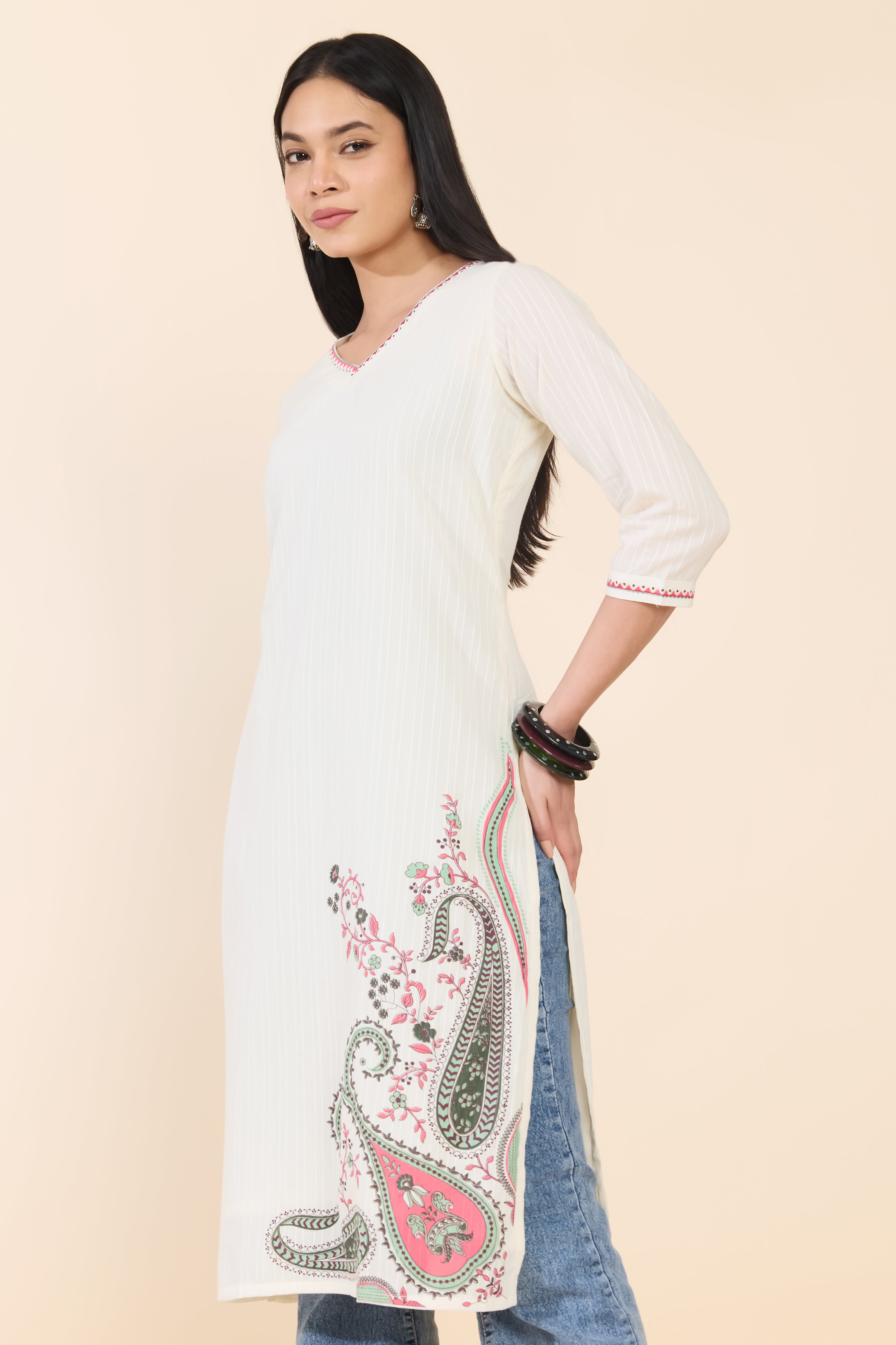 OFF WHITE PAISLEY PRINTED COTTON KURTA