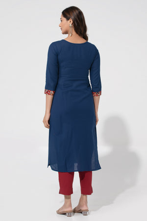 Navy Blue Kalamkari Linen Kurta with Foil Mirror & Embriodery design
