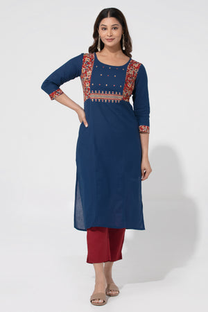 Navy Blue Kalamkari Linen Kurta with Foil Mirror & Embriodery design