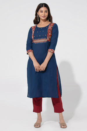 Navy Blue Kalamkari Linen Kurta with Foil Mirror & Embriodery design