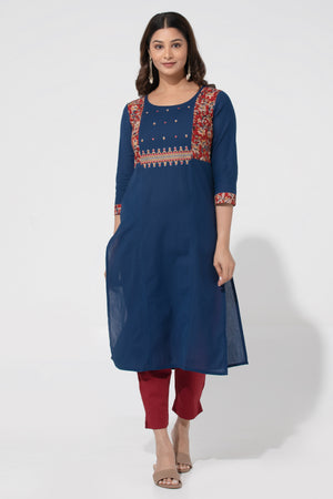 Navy Blue Kalamkari Linen Kurta with Foil Mirror & Embriodery design