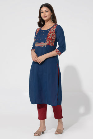 Navy Blue Kalamkari Linen Kurta with Foil Mirror & Embriodery design