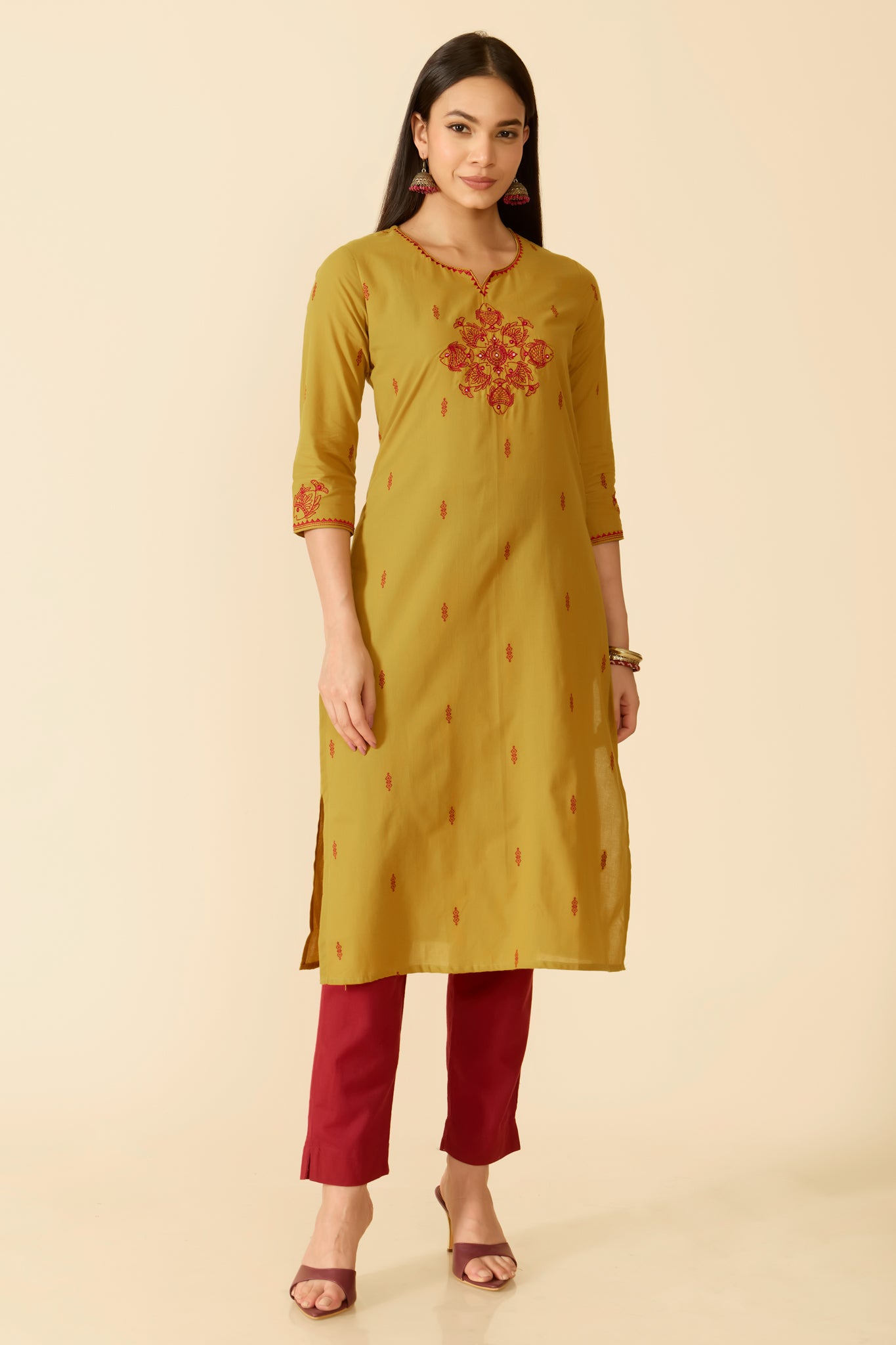 MUSTARD EMBROIDERED COTTON KURTA