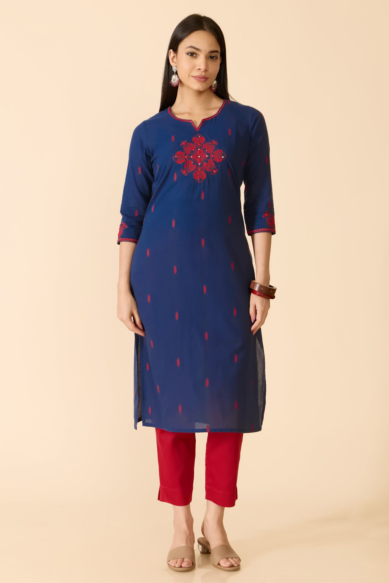 NAVY EMBROIDERED COTTON KURTA