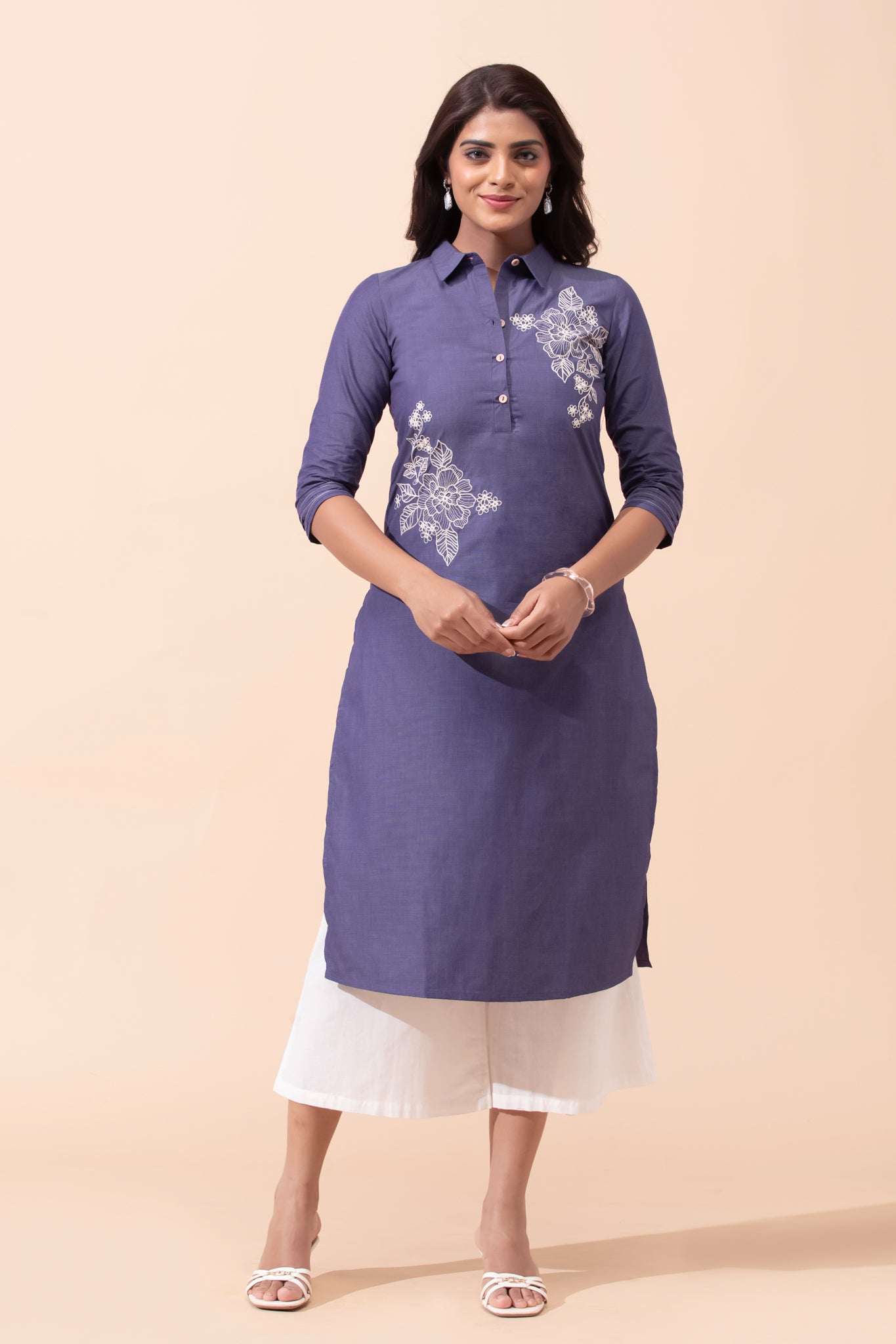 Dark Purple Floral Cotton Kurta