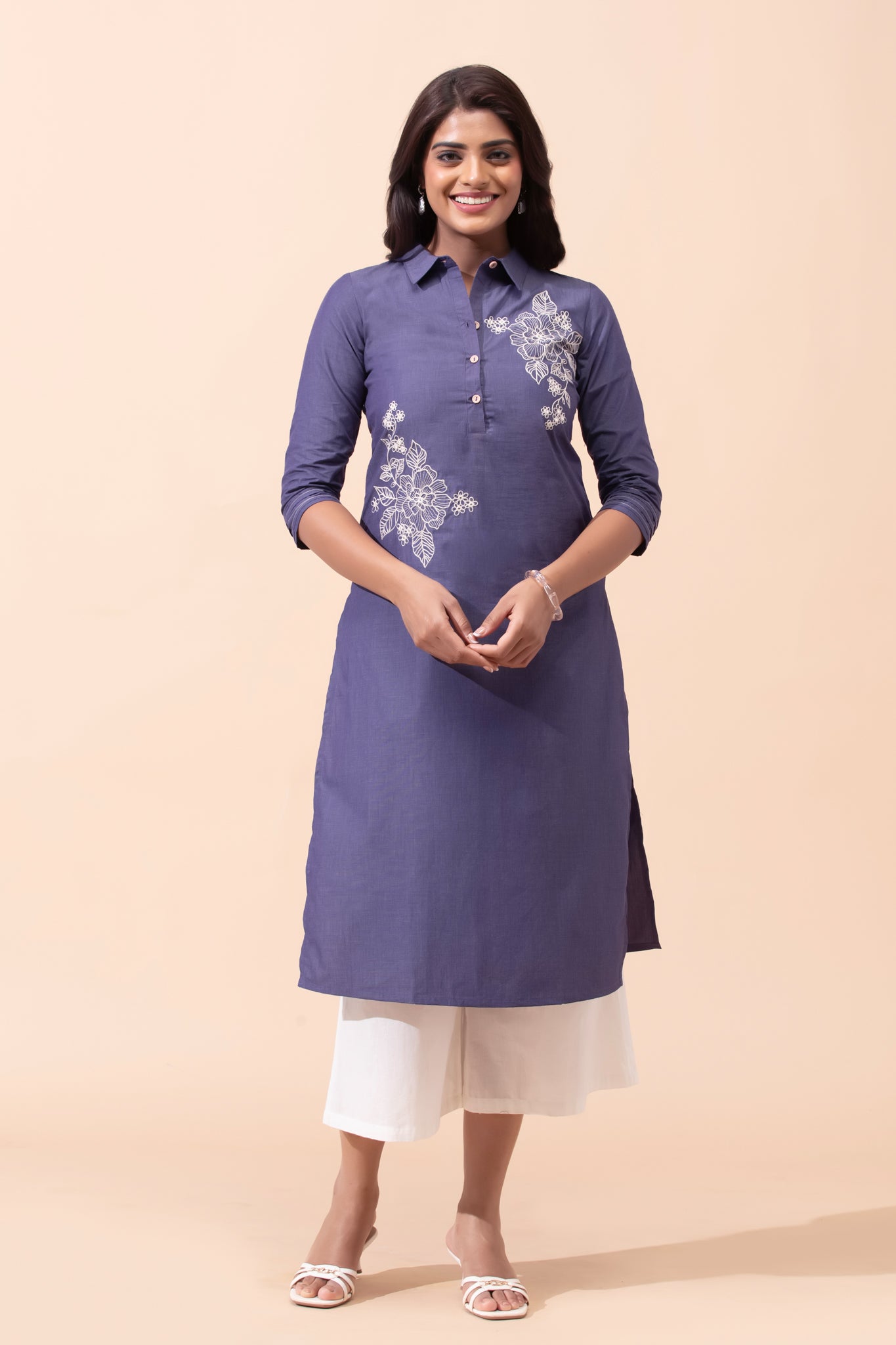 Dark Purple Floral Cotton Kurta