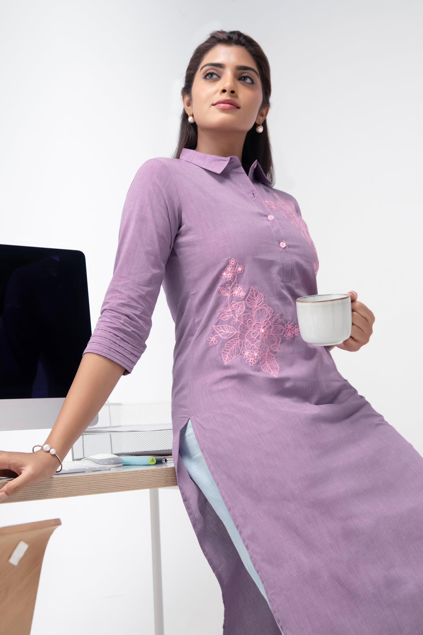Purple Floral Cotton Kurta