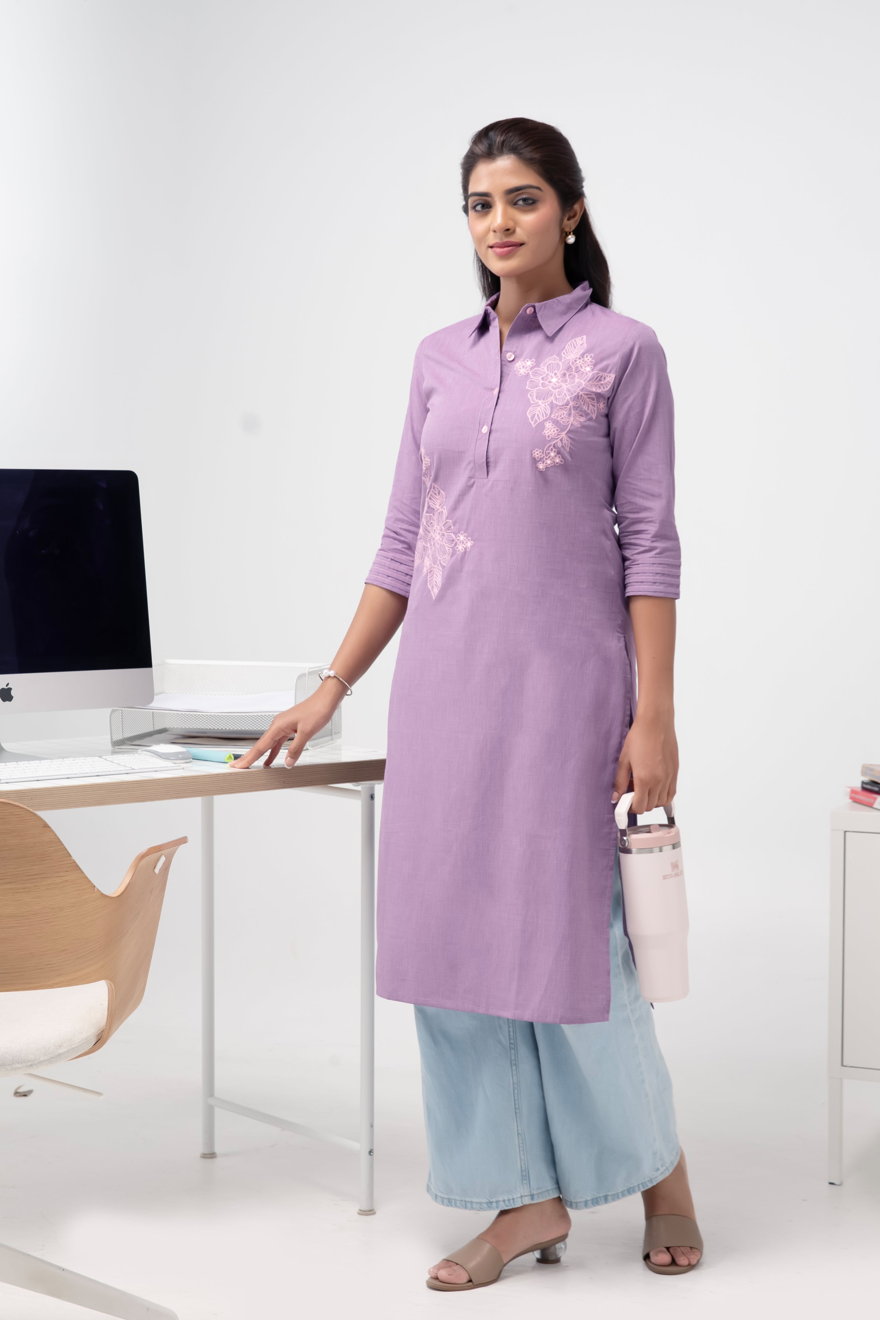 Purple Floral Cotton Kurta