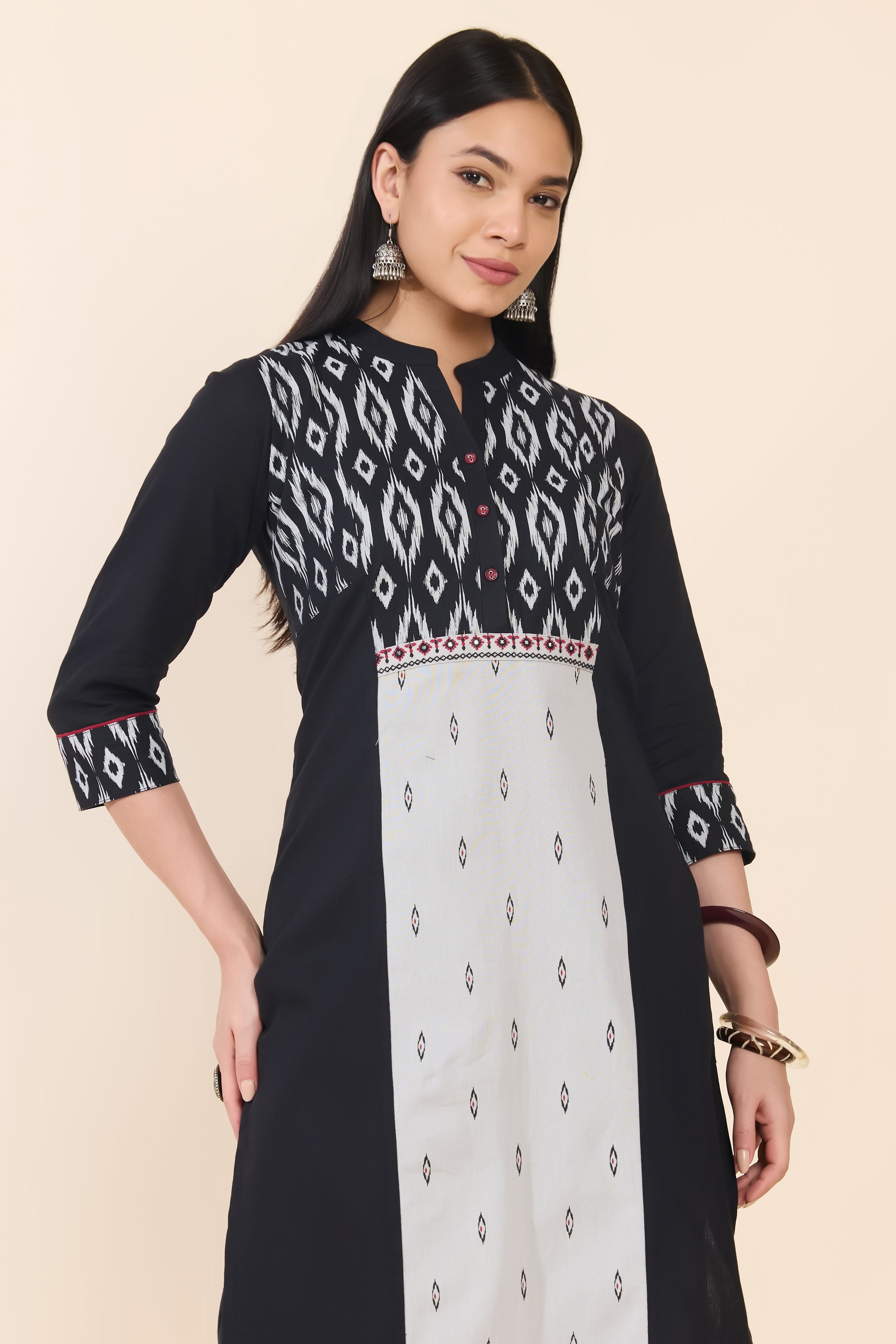 BLACK & OFF WHITE IKAT COTTON KURTA
