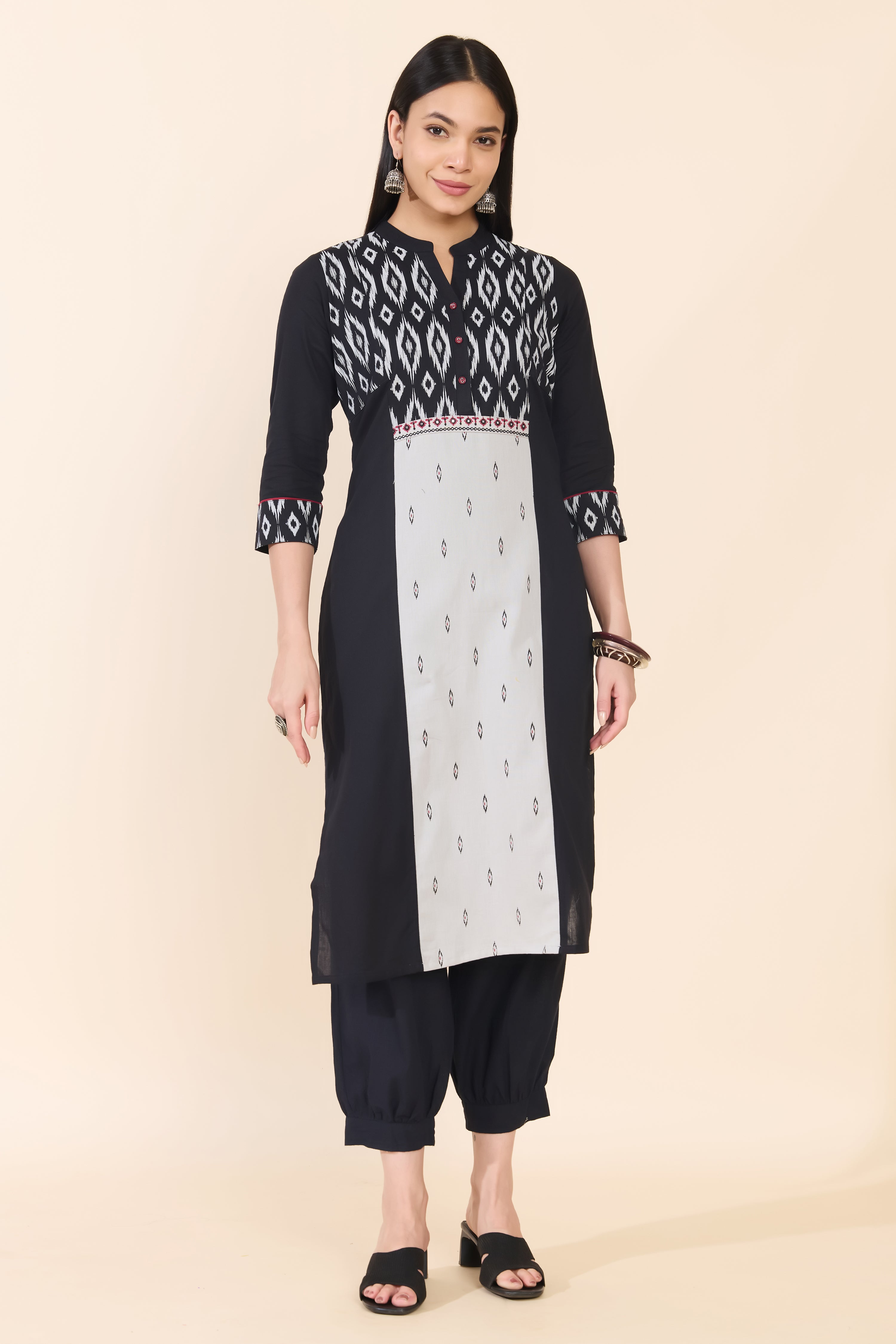 BLACK & OFF WHITE IKAT COTTON KURTA