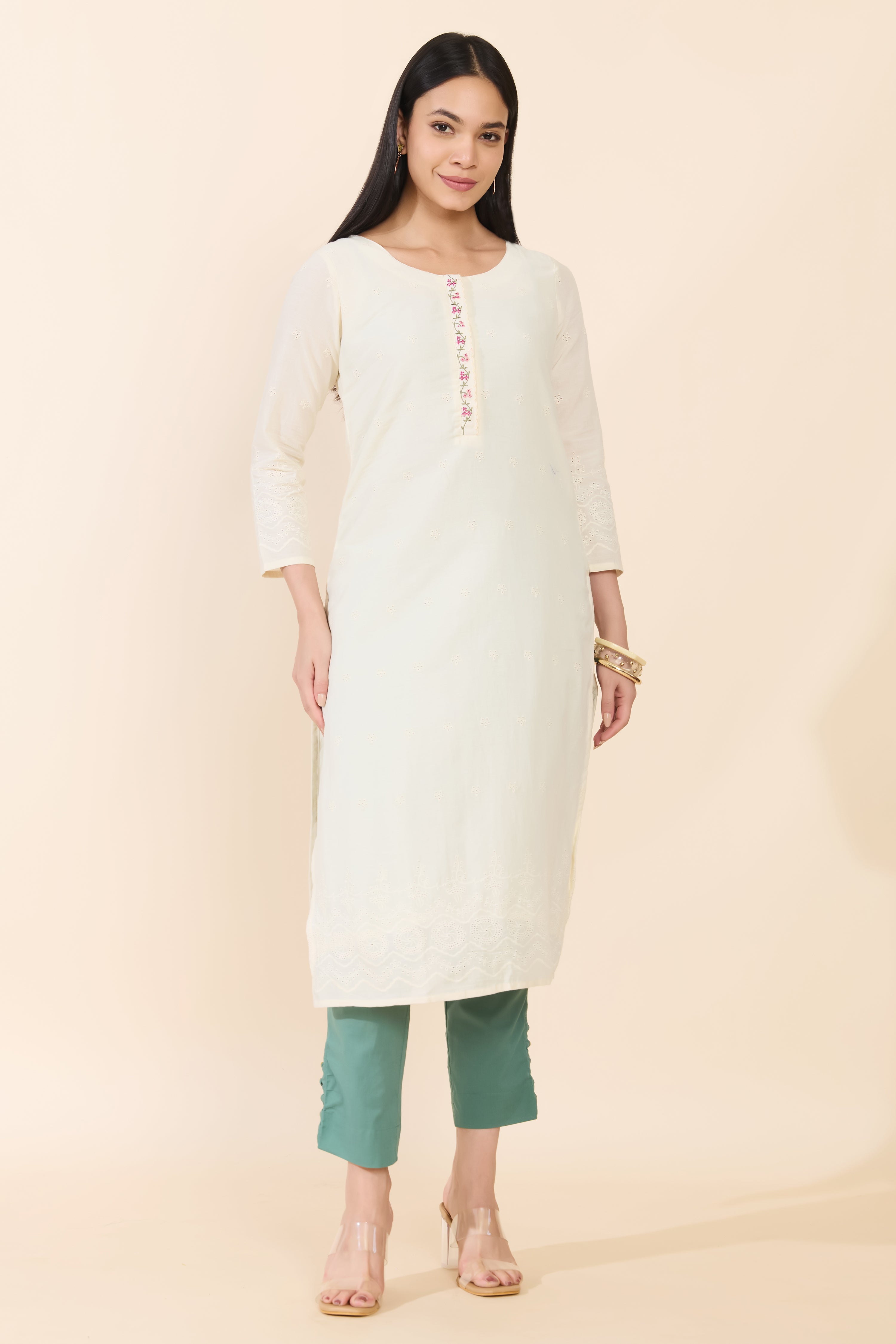 OFF WHITE EYELET EMBROIDERED COTTON KURTA