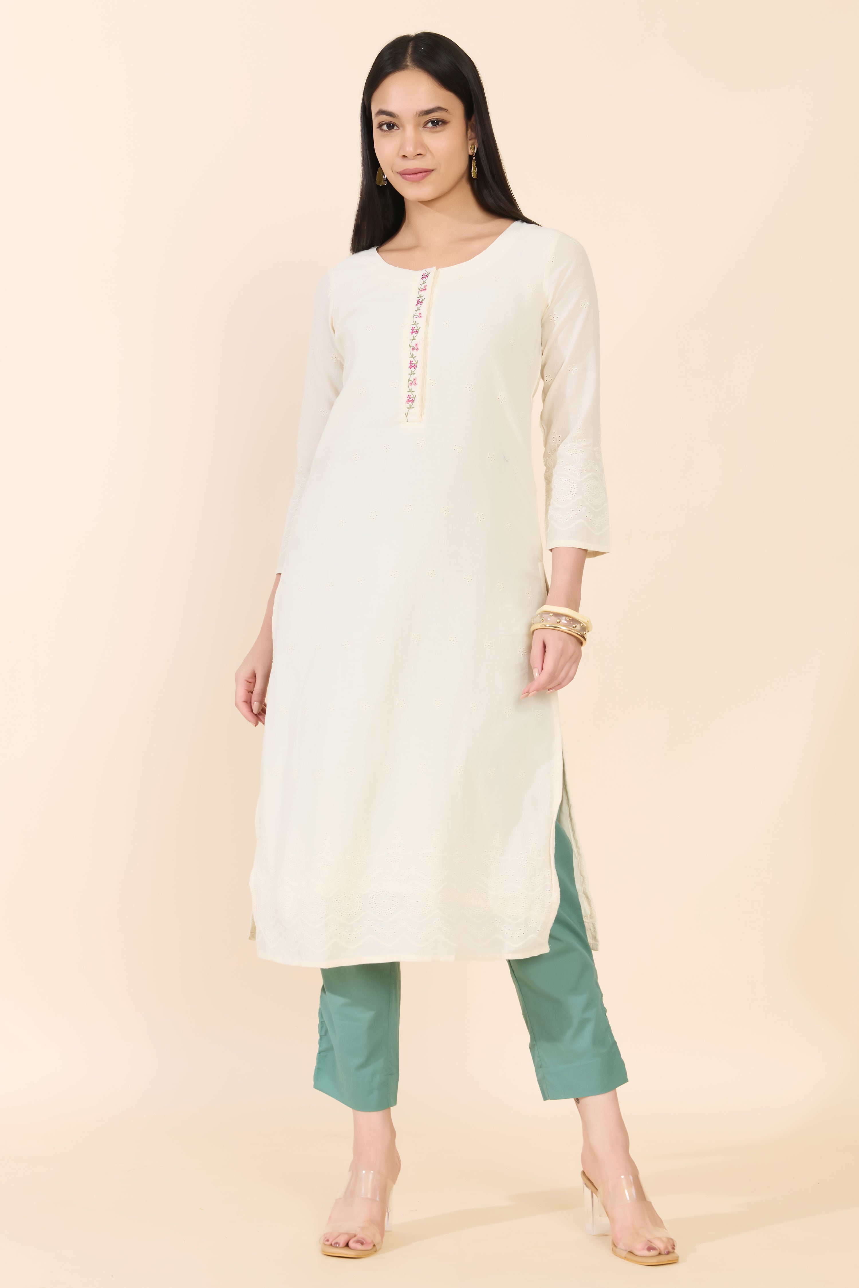 OFF WHITE EYELET EMBROIDERED COTTON KURTA