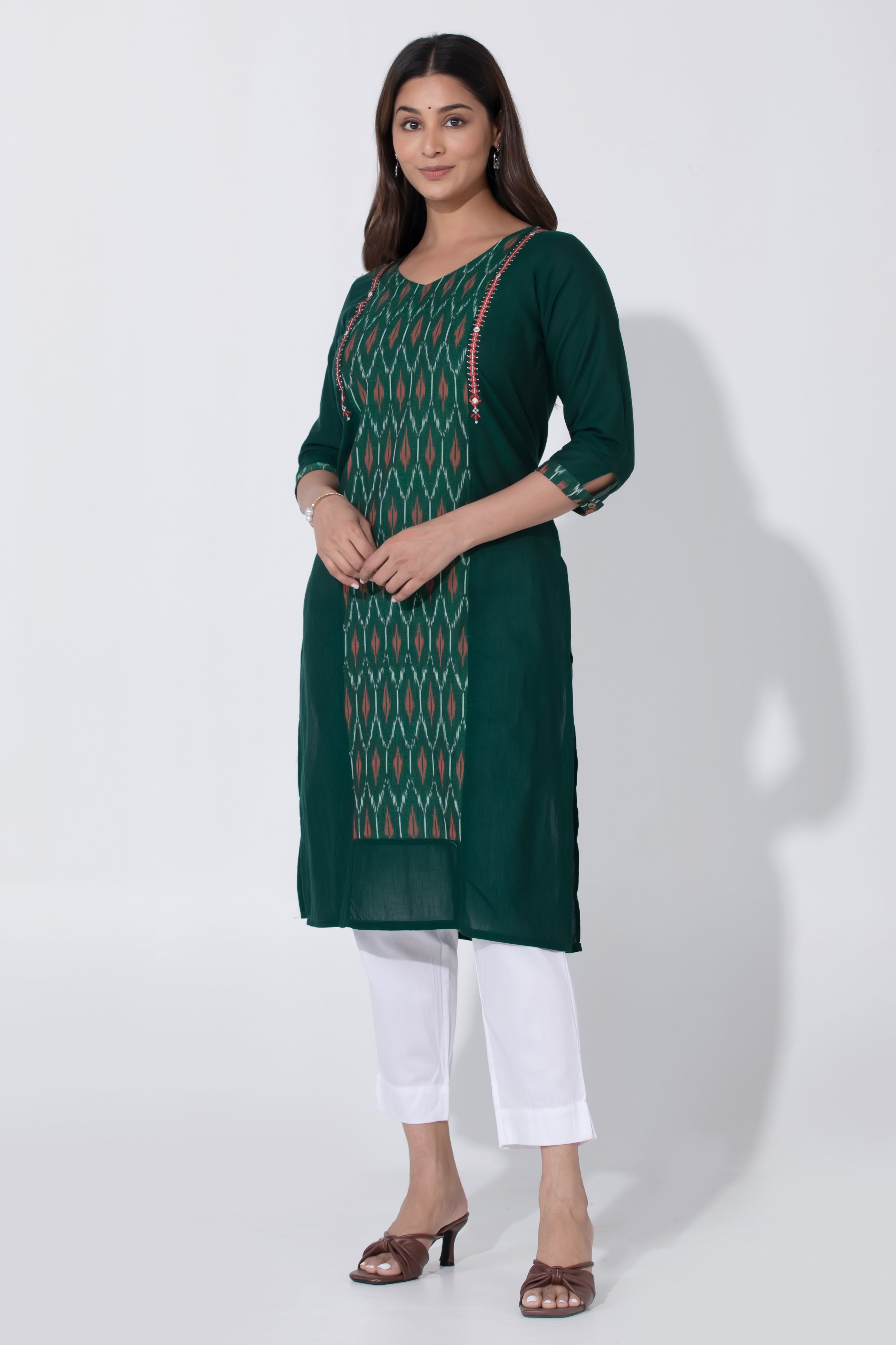 Green Ikkat Straight Cross Cotton Kurta with Lining