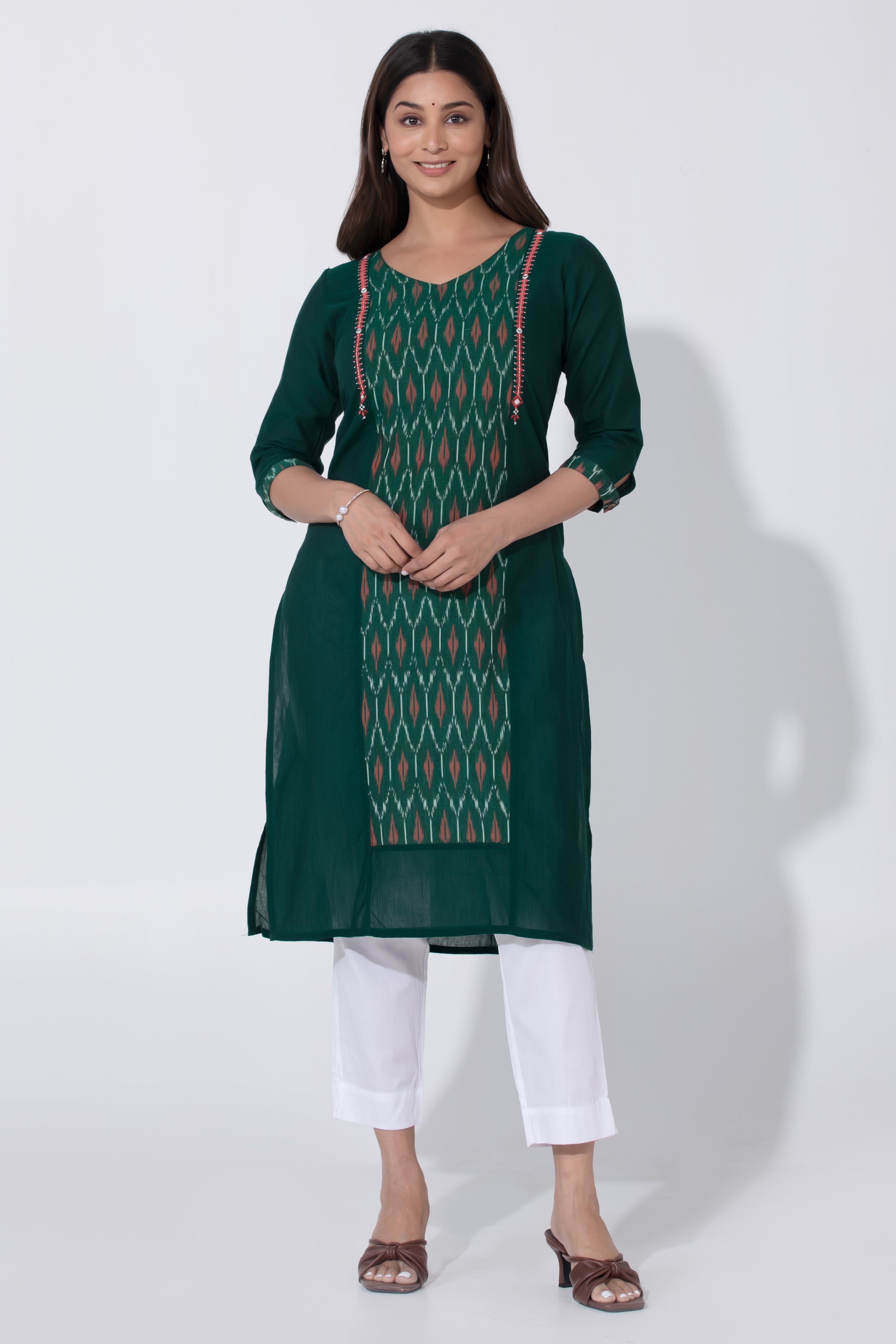 Green Ikkat Straight Cross Cotton Kurta with Lining