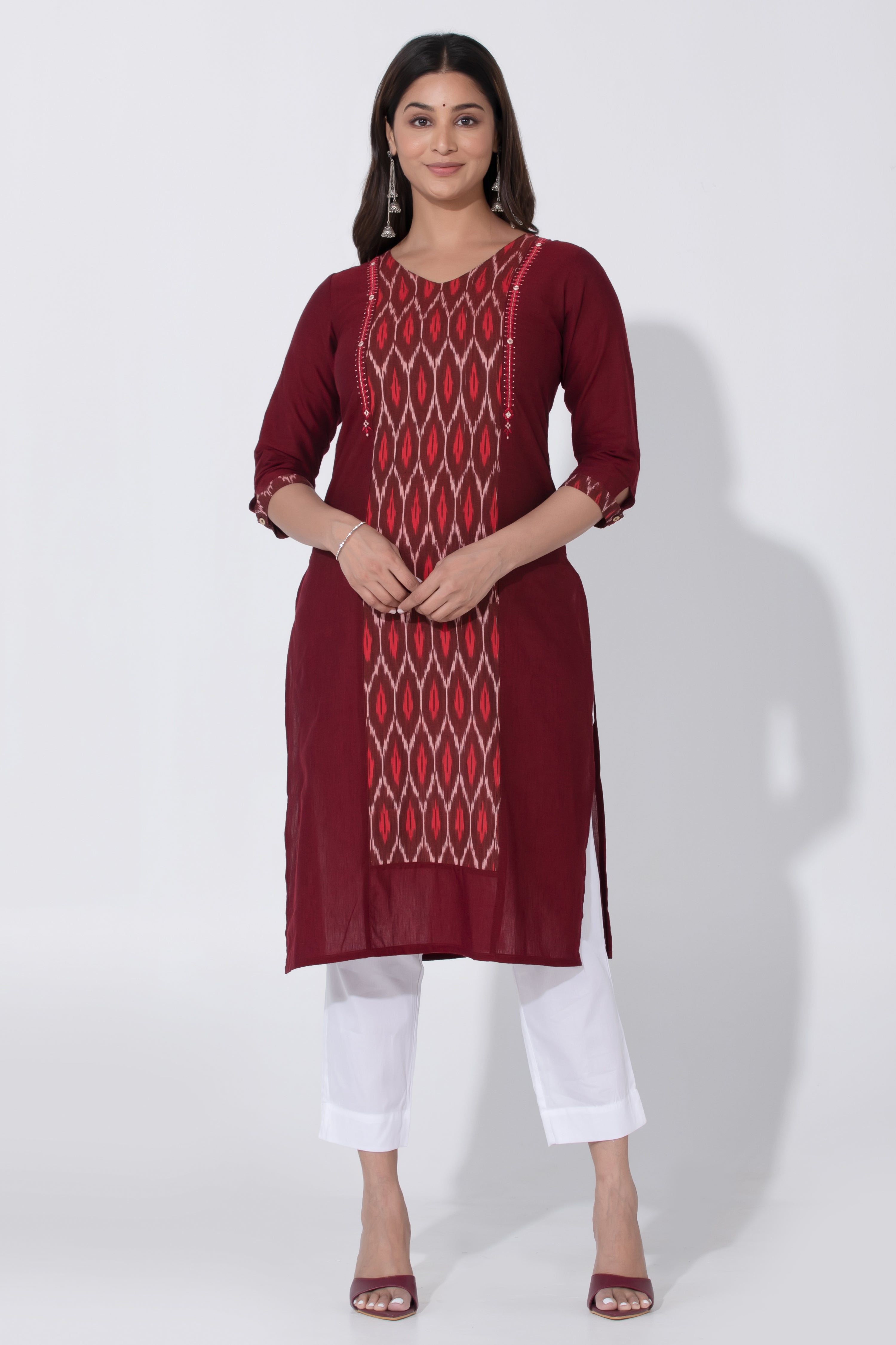 Maroon Ikkat Straight Cross Cotton Kurta with Lining