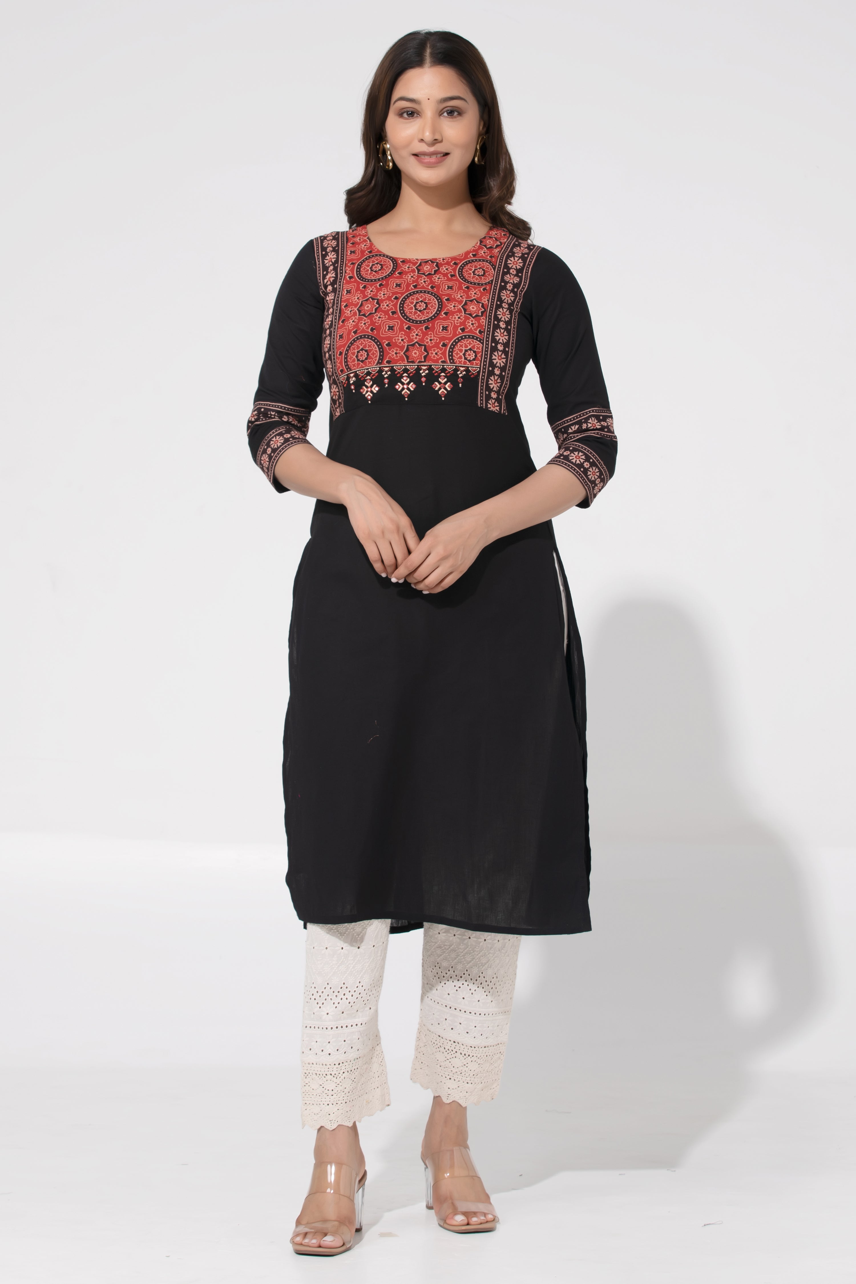 Black Linen Ajrakh Print Kurta with Foil Mirror Embroidery Design