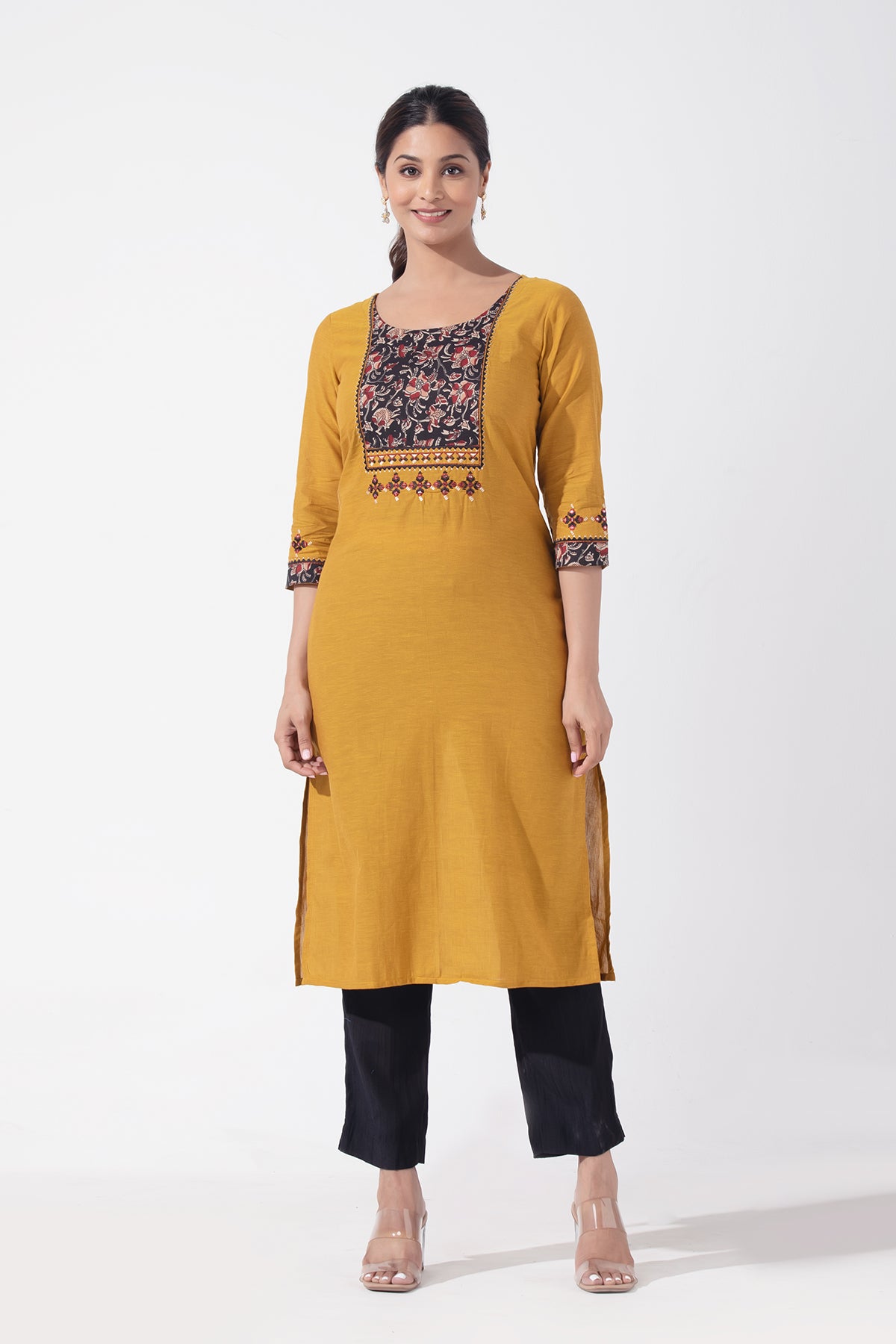 Solid Mustard Cotton Kurta with Floral Printed Yoke