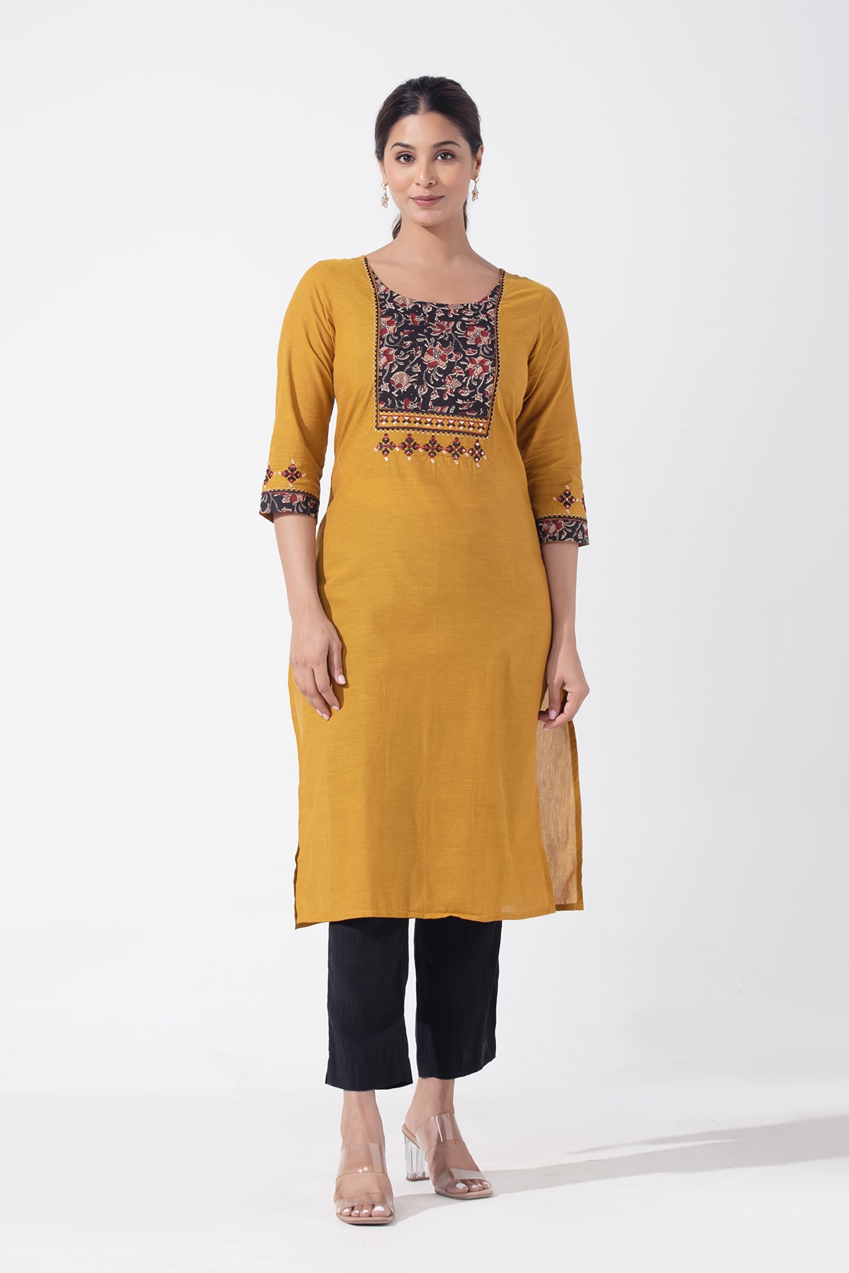 Solid Mustard Cotton Kurta with Floral Printed Yoke