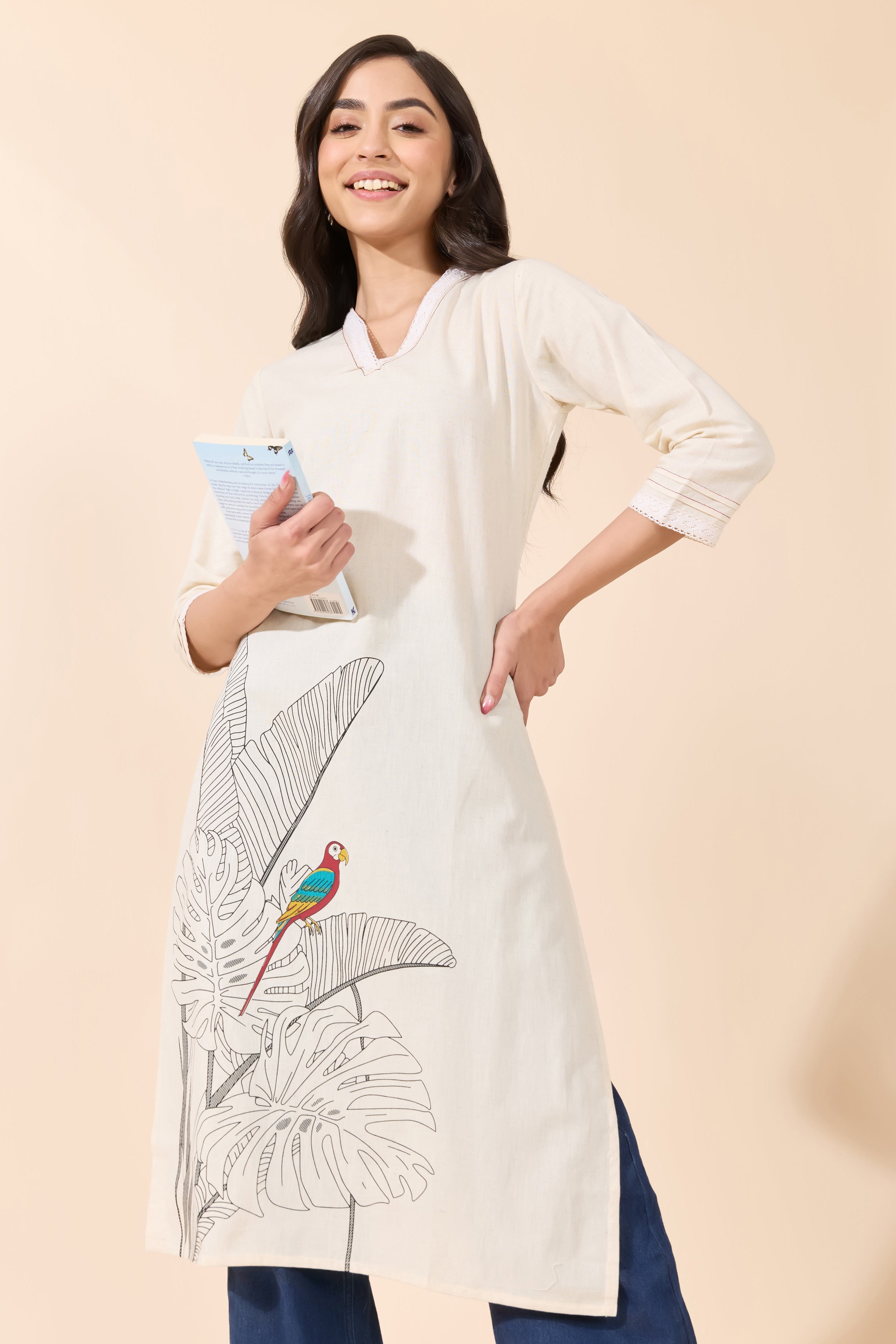 CONTEMPORARY PARROT PRINTED OFF WHITE STRAIGHT-CUT KURTA