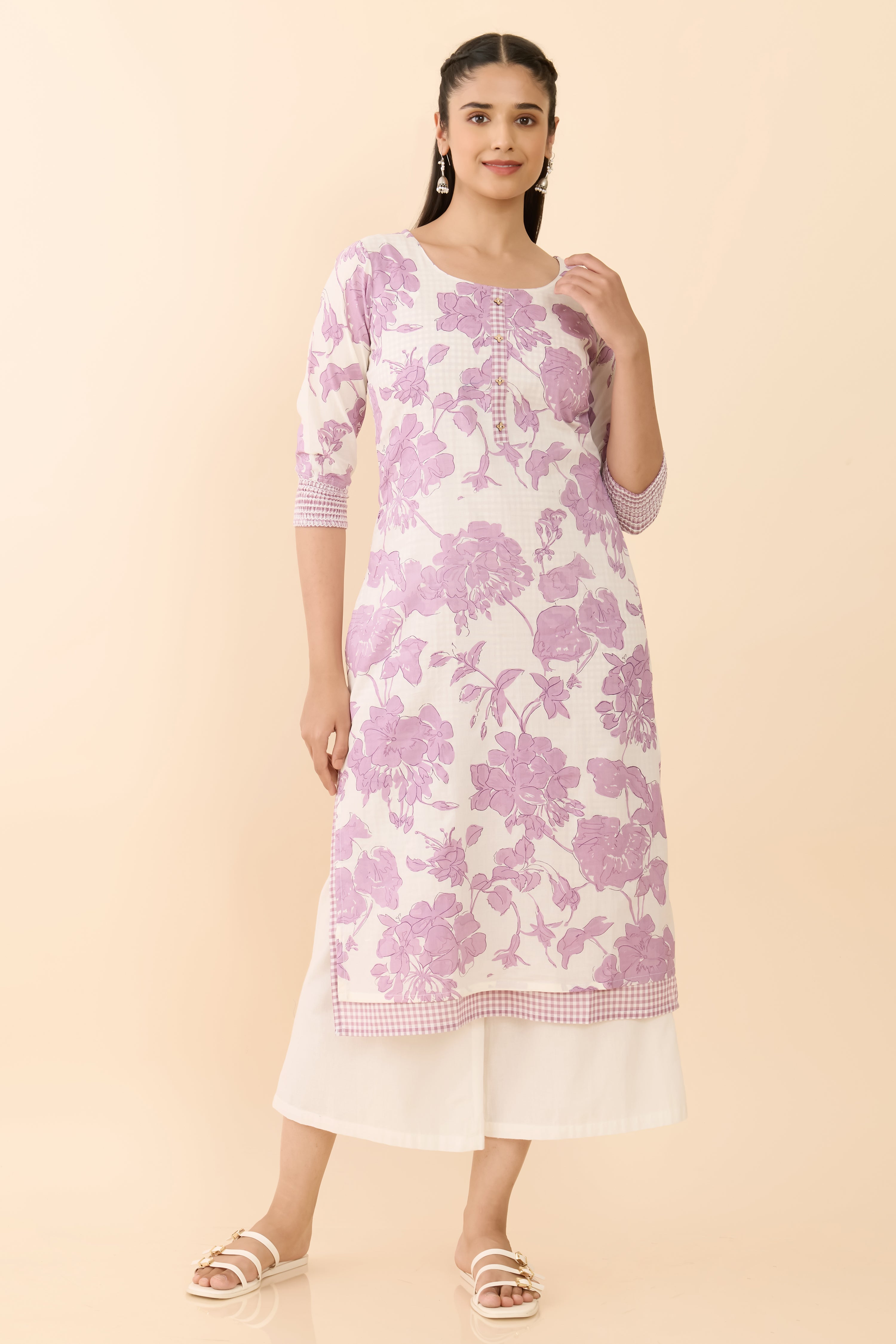 OFF WHITE FLORAL PRINTED STRAIGHT CUT KURTA