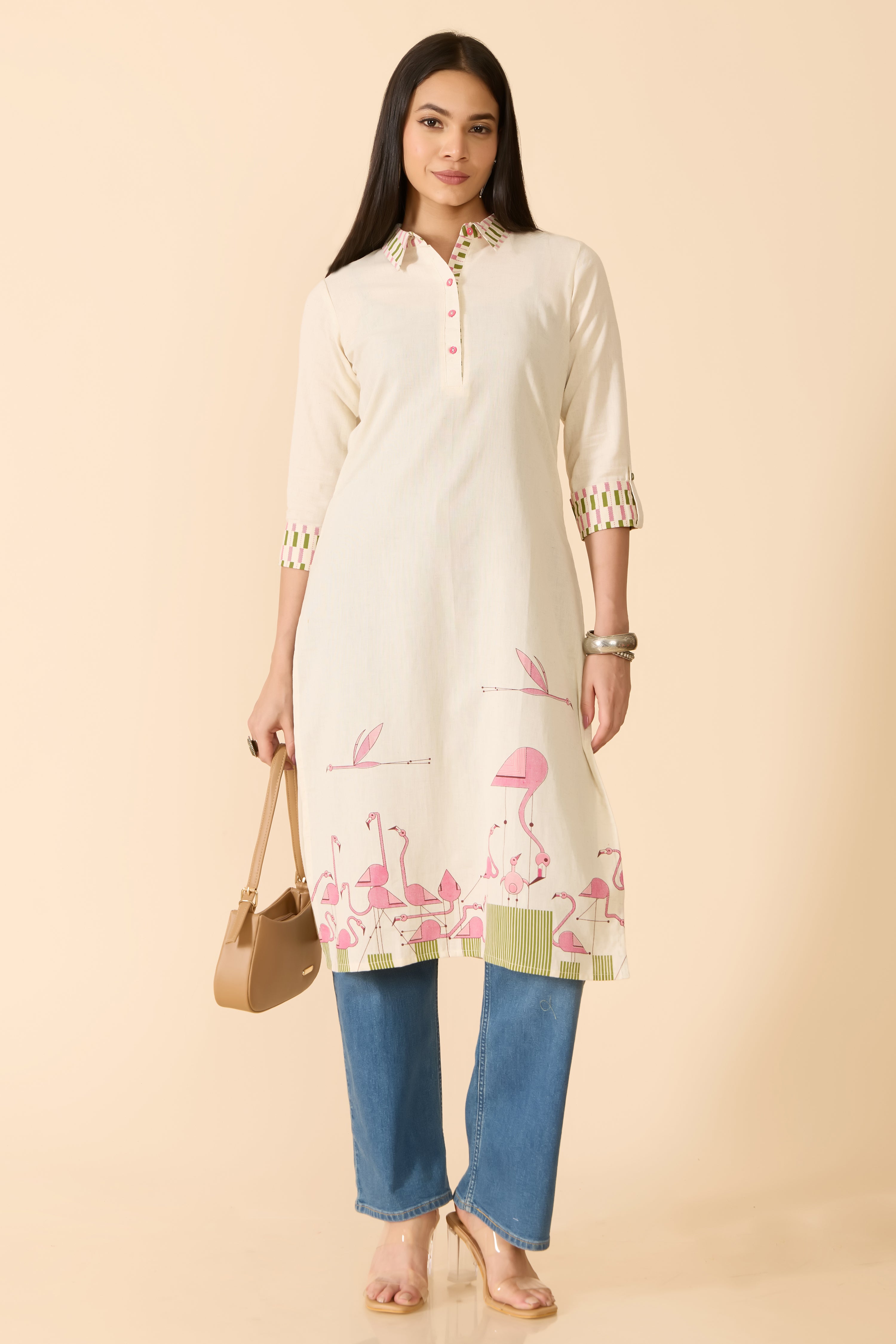 OFF WHITE SWAN PRINTED COTTON KURTA