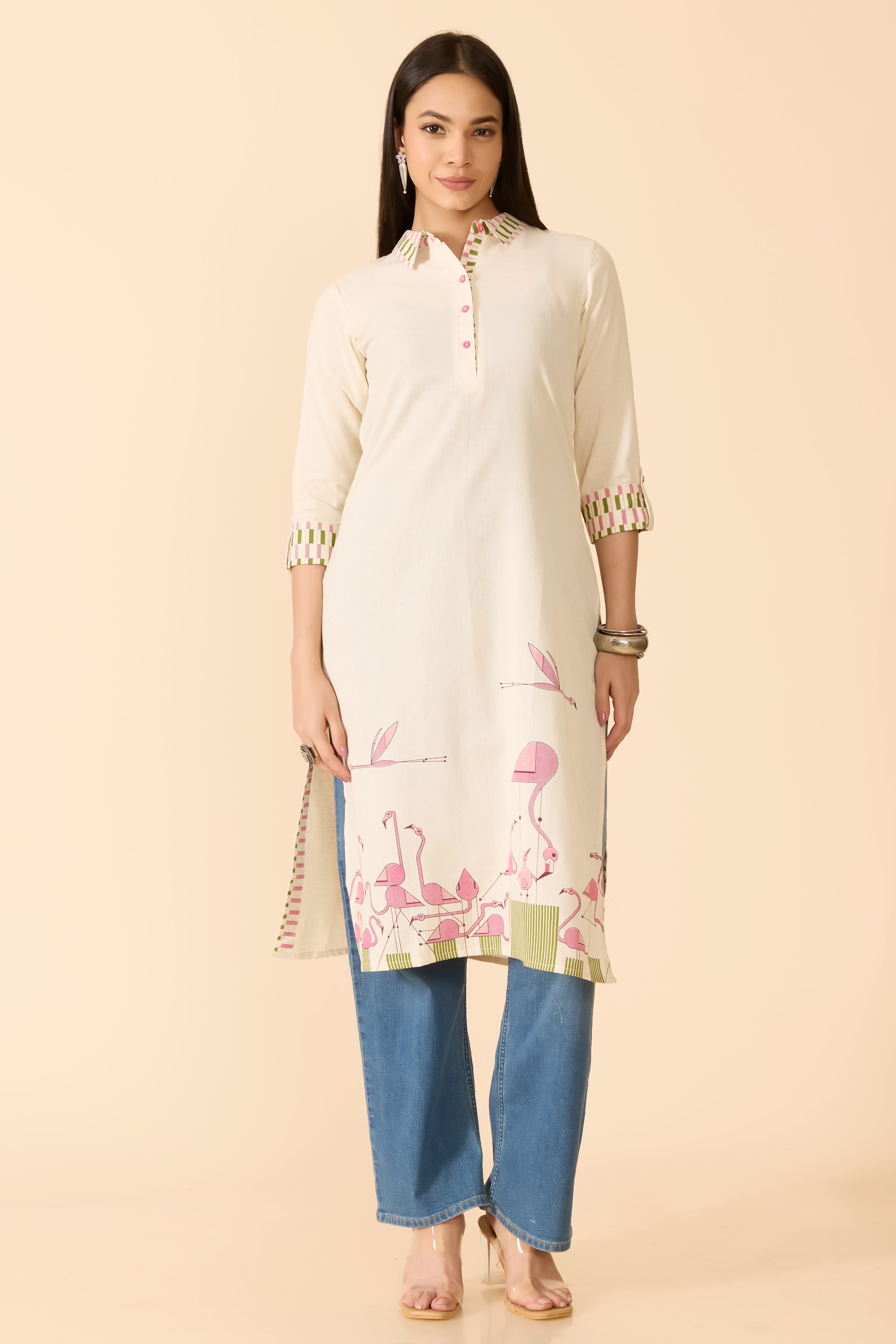 OFF WHITE SWAN PRINTED COTTON KURTA