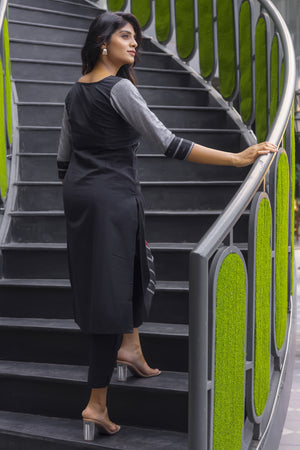 Black & Grey Linen Dobby Striped Kurta