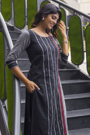 Black & Grey Linen Dobby Striped Kurta