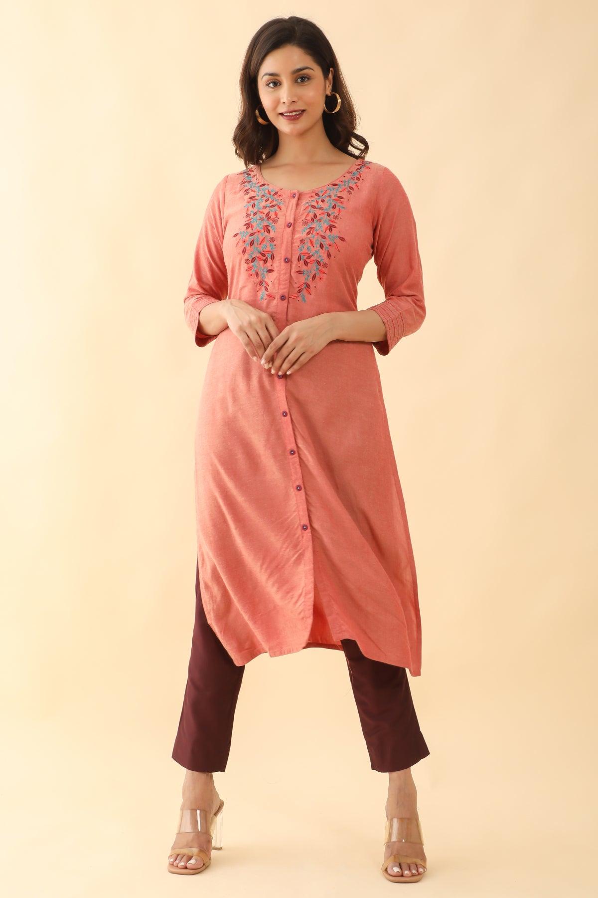 Floral Motif Embroidered Kurta Rust