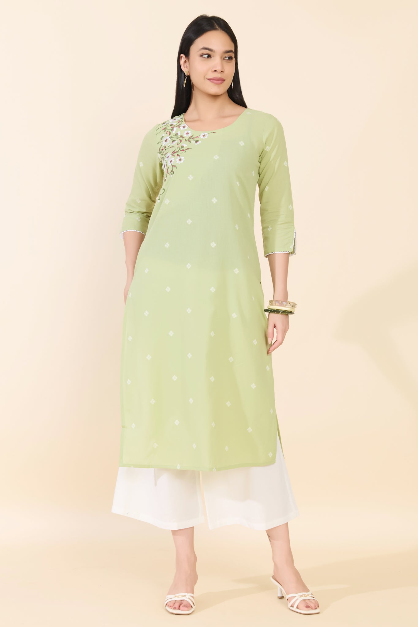 GREEN DOBBY EMBROIDERED COTTON KURTA