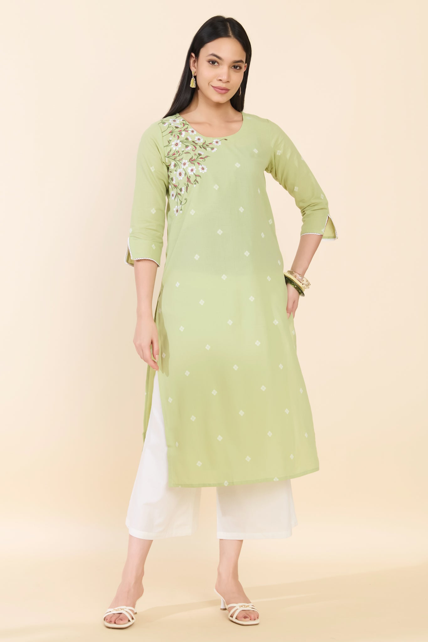 GREEN DOBBY EMBROIDERED COTTON KURTA