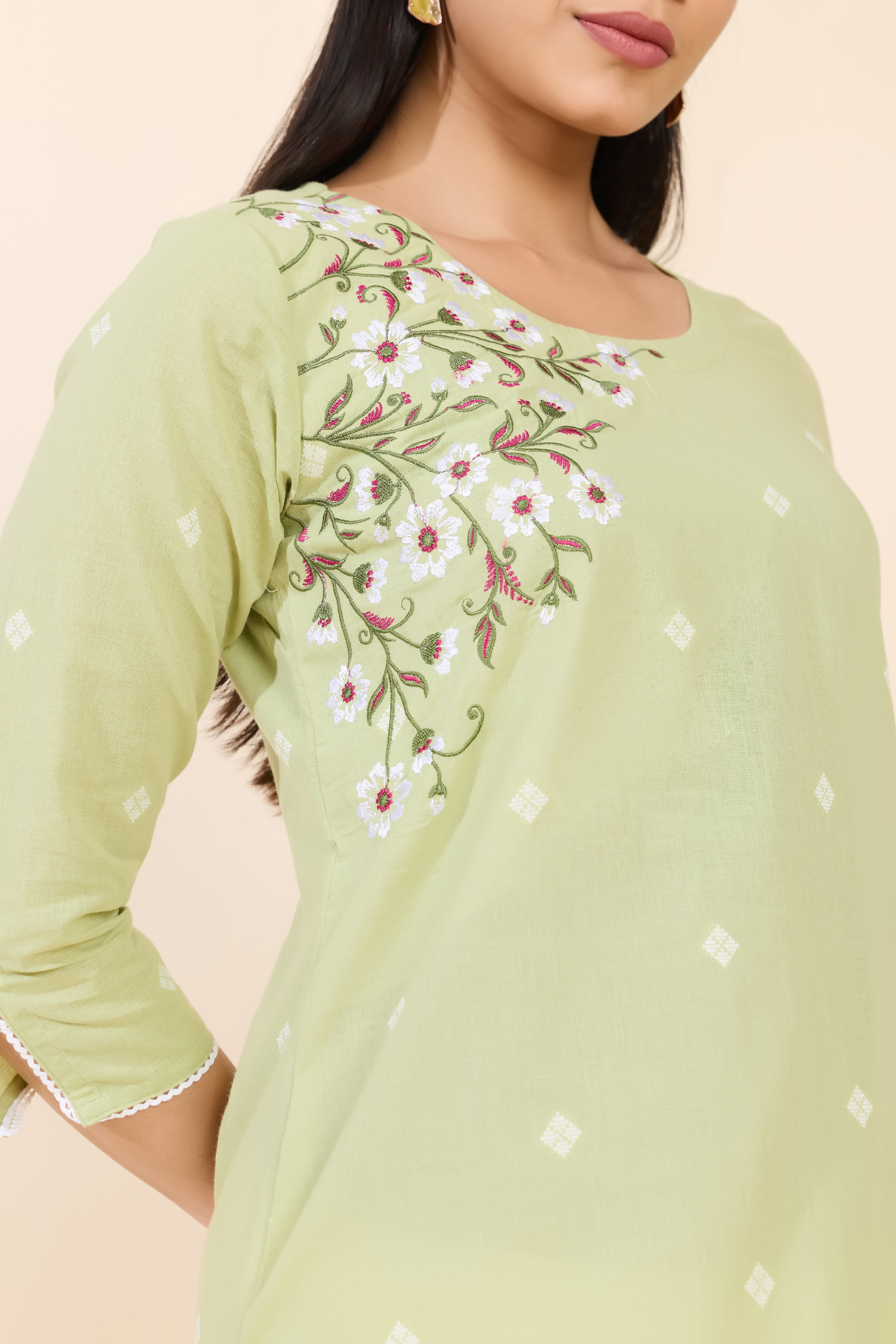 GREEN DOBBY EMBROIDERED COTTON KURTA