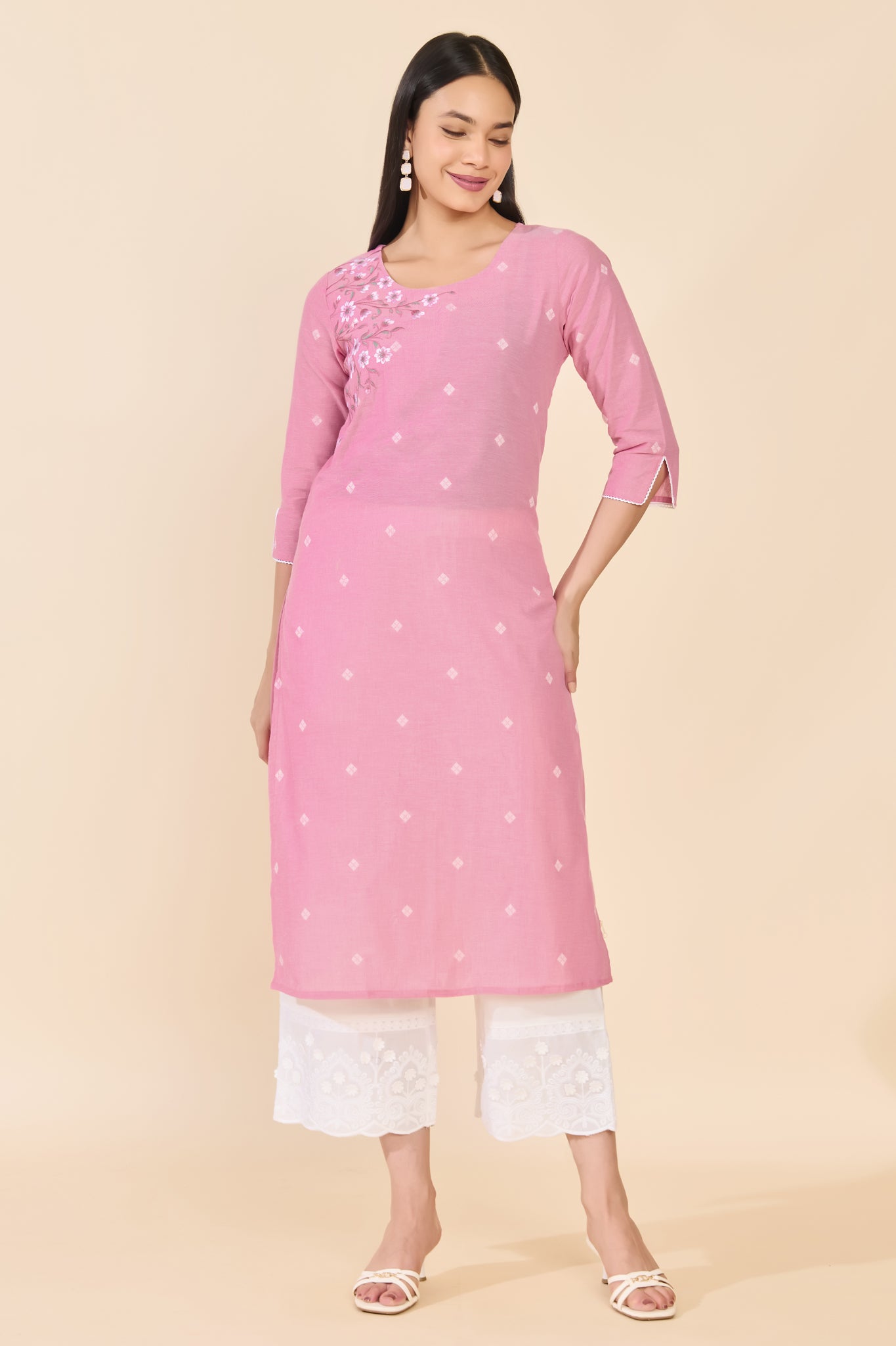 PINK DOBBY EMBROIDERED COTTON KURTA