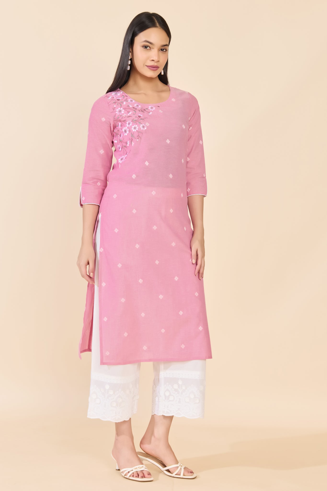 PINK DOBBY EMBROIDERED COTTON KURTA