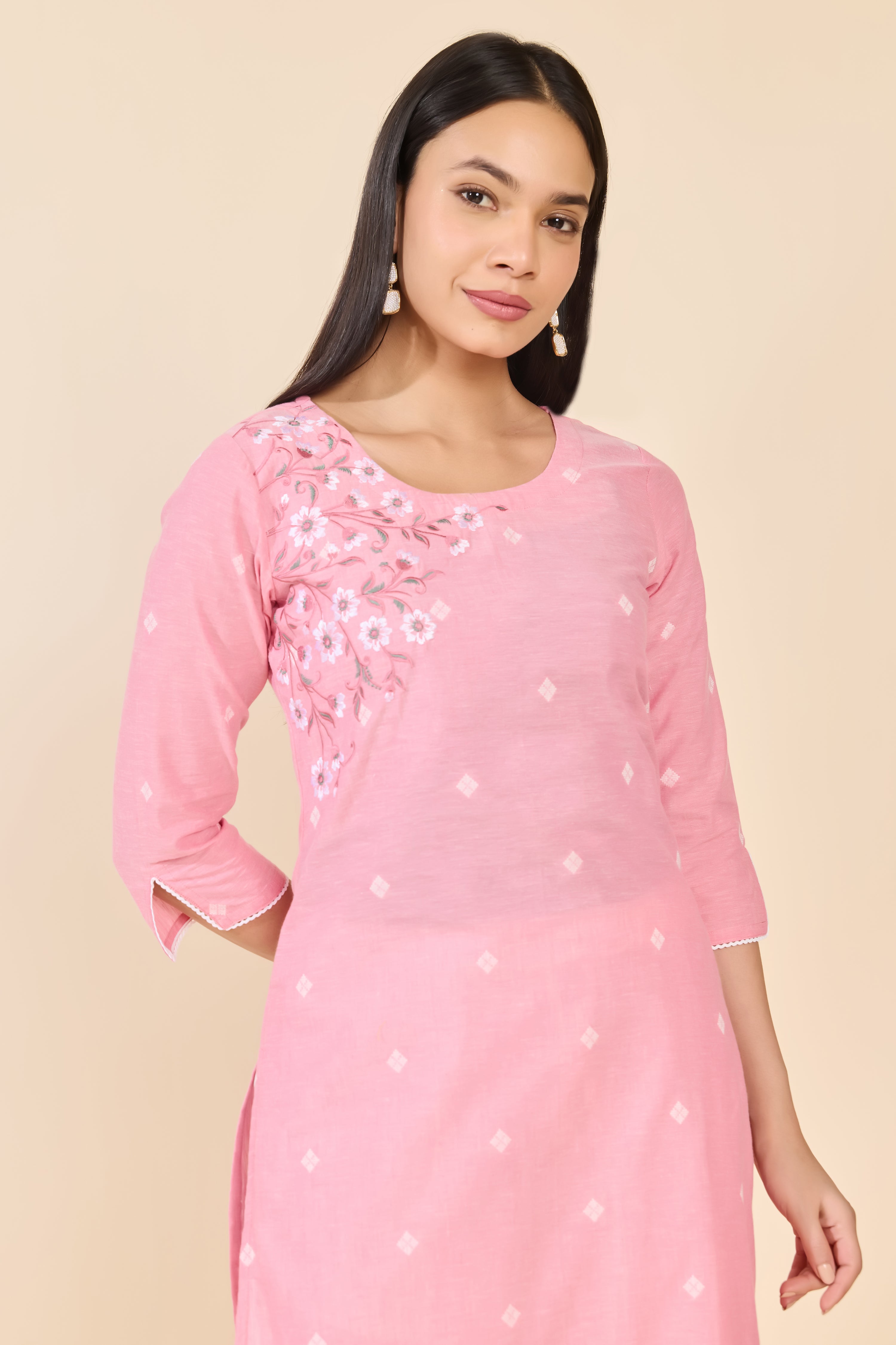 PINK DOBBY EMBROIDERED COTTON KURTA