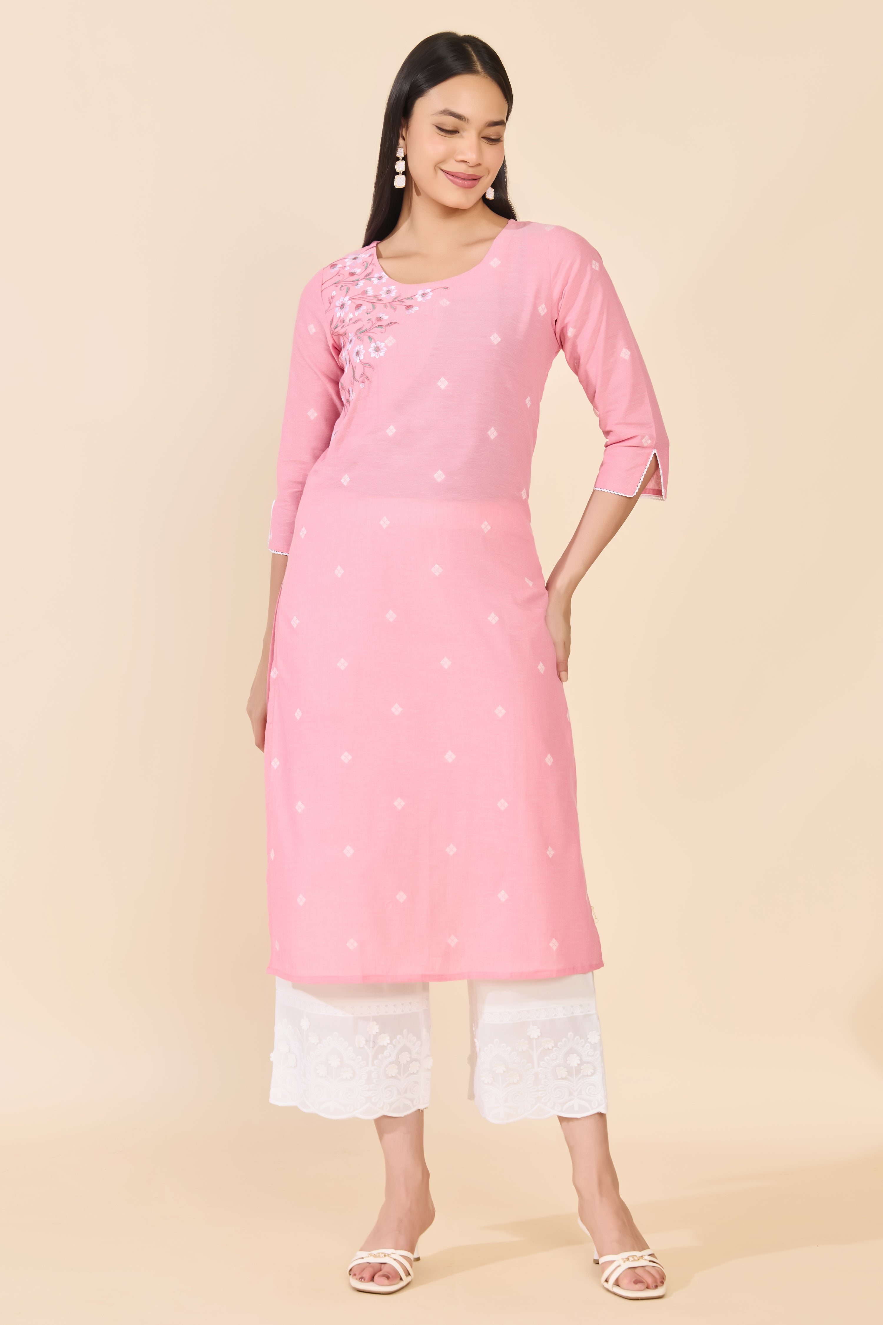 PINK DOBBY EMBROIDERED COTTON KURTA