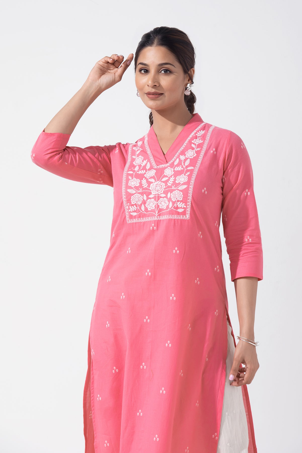 Floral Embroidered Peach Pink Cotton Kurta