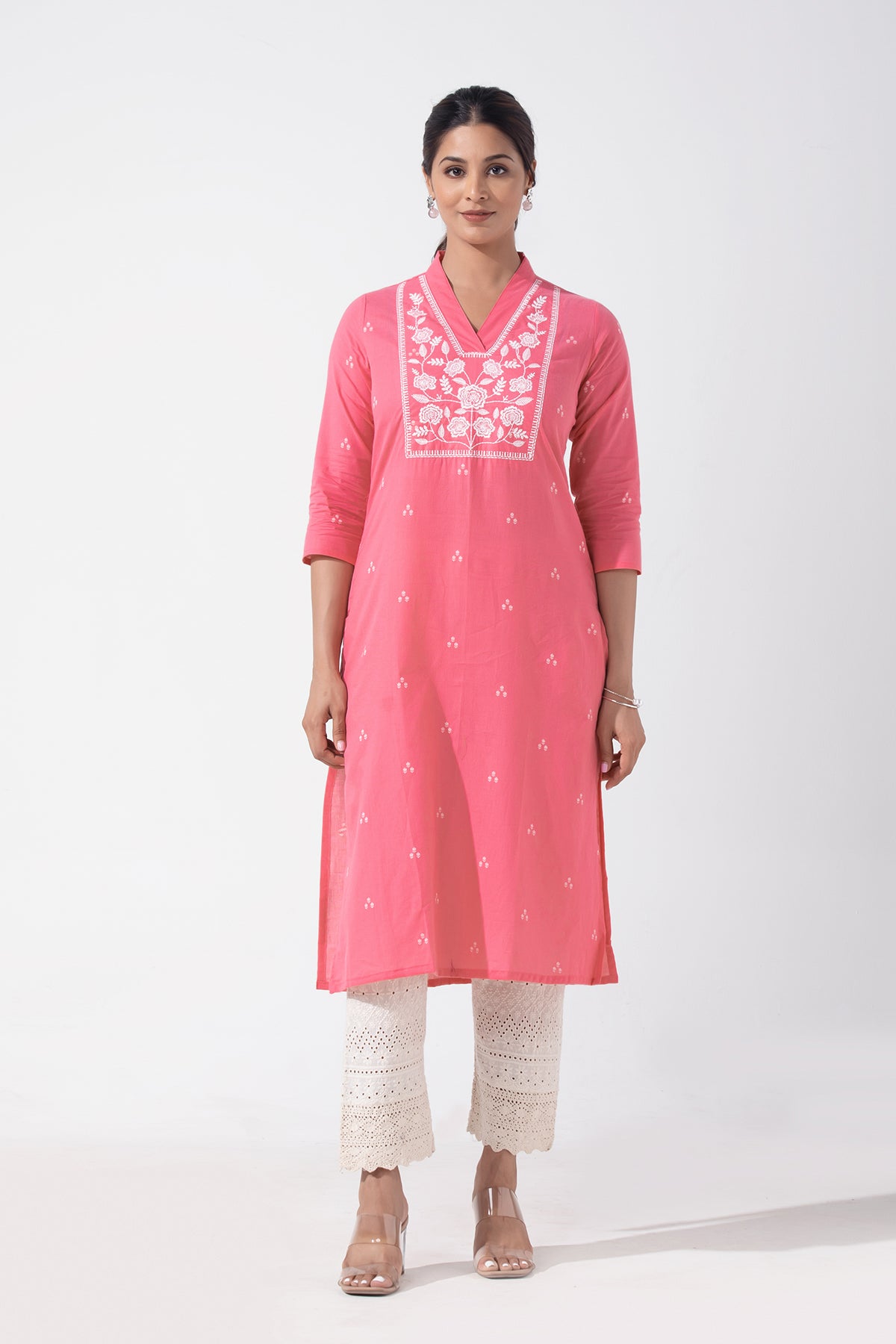 Floral Embroidered Peach Pink Cotton Kurta