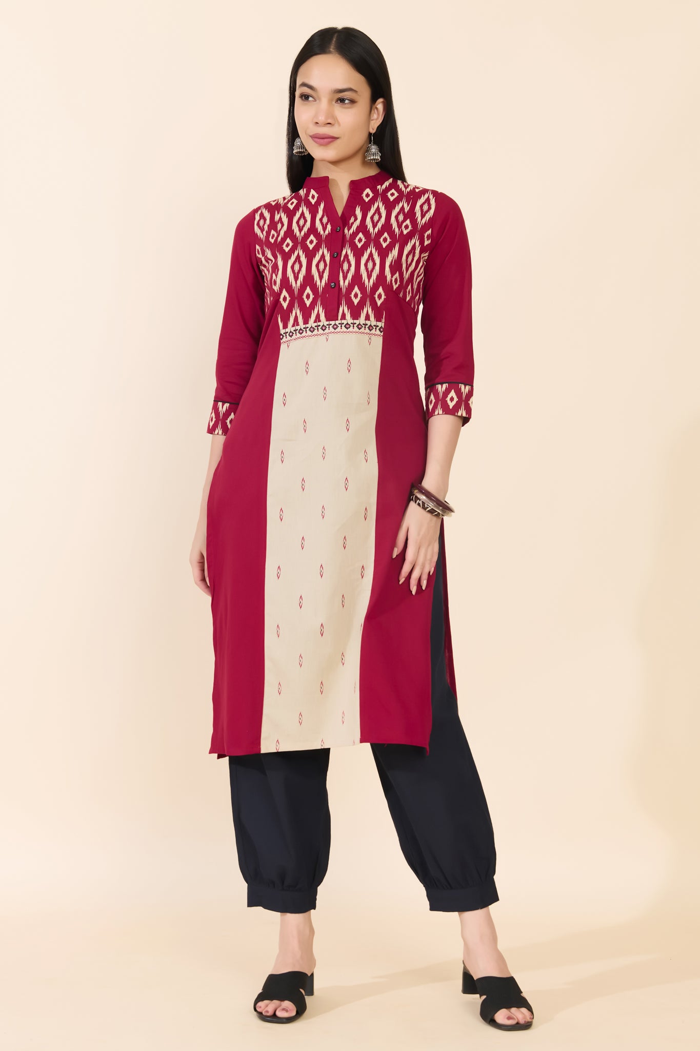 MAROON & OFF WHITE IKAT COTTON KURTA