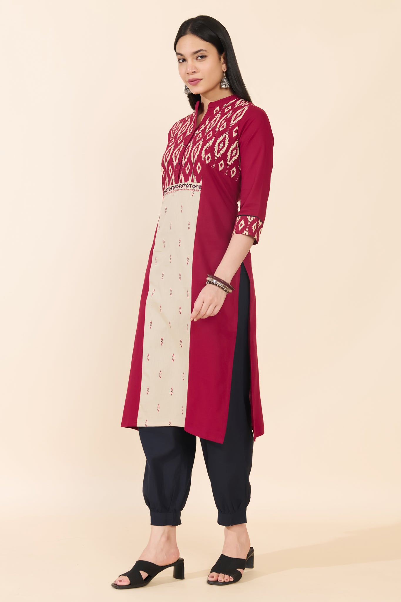MAROON & OFF WHITE IKAT COTTON KURTA