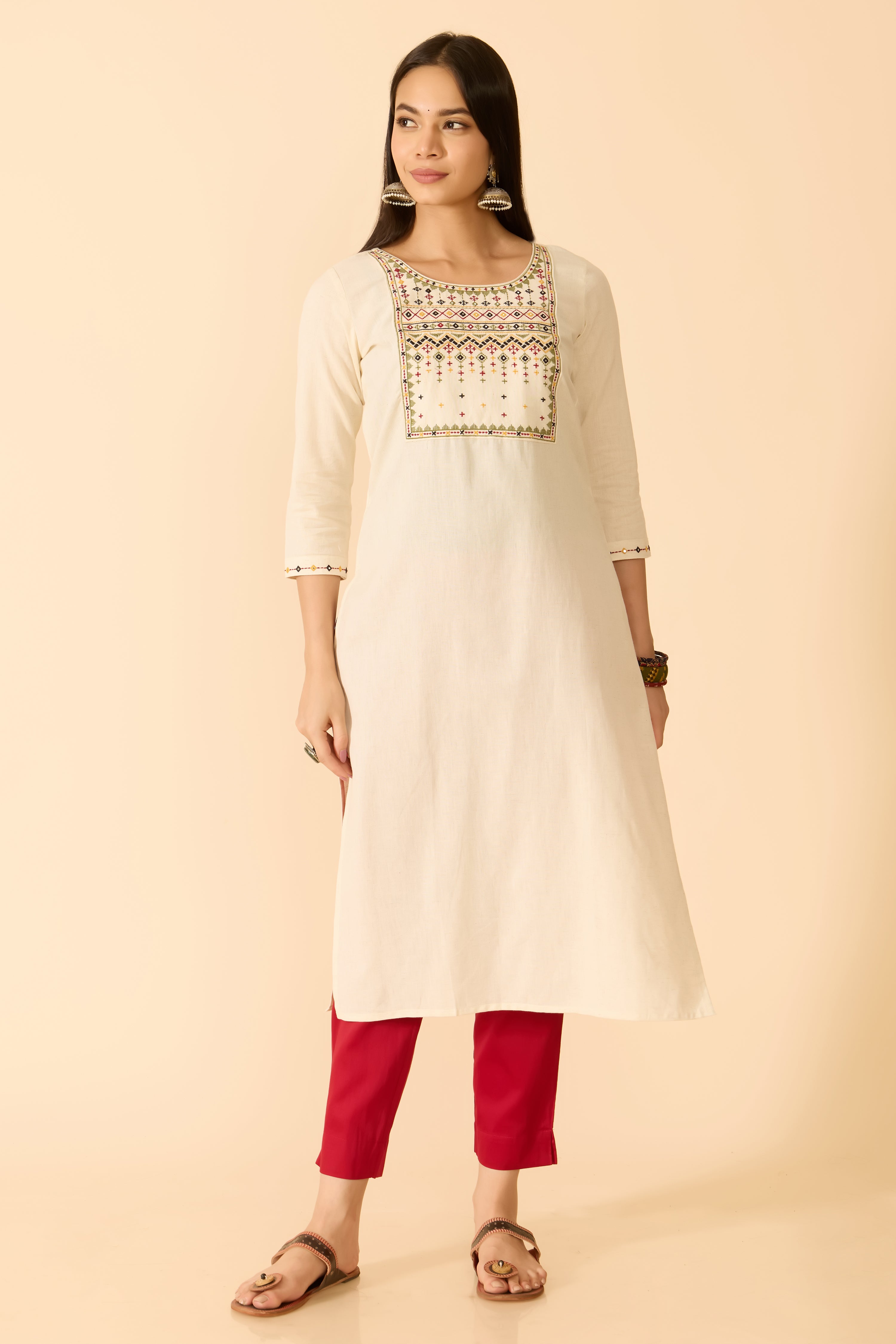 OFF WHITE EMBROIDERED COTTON KURTA