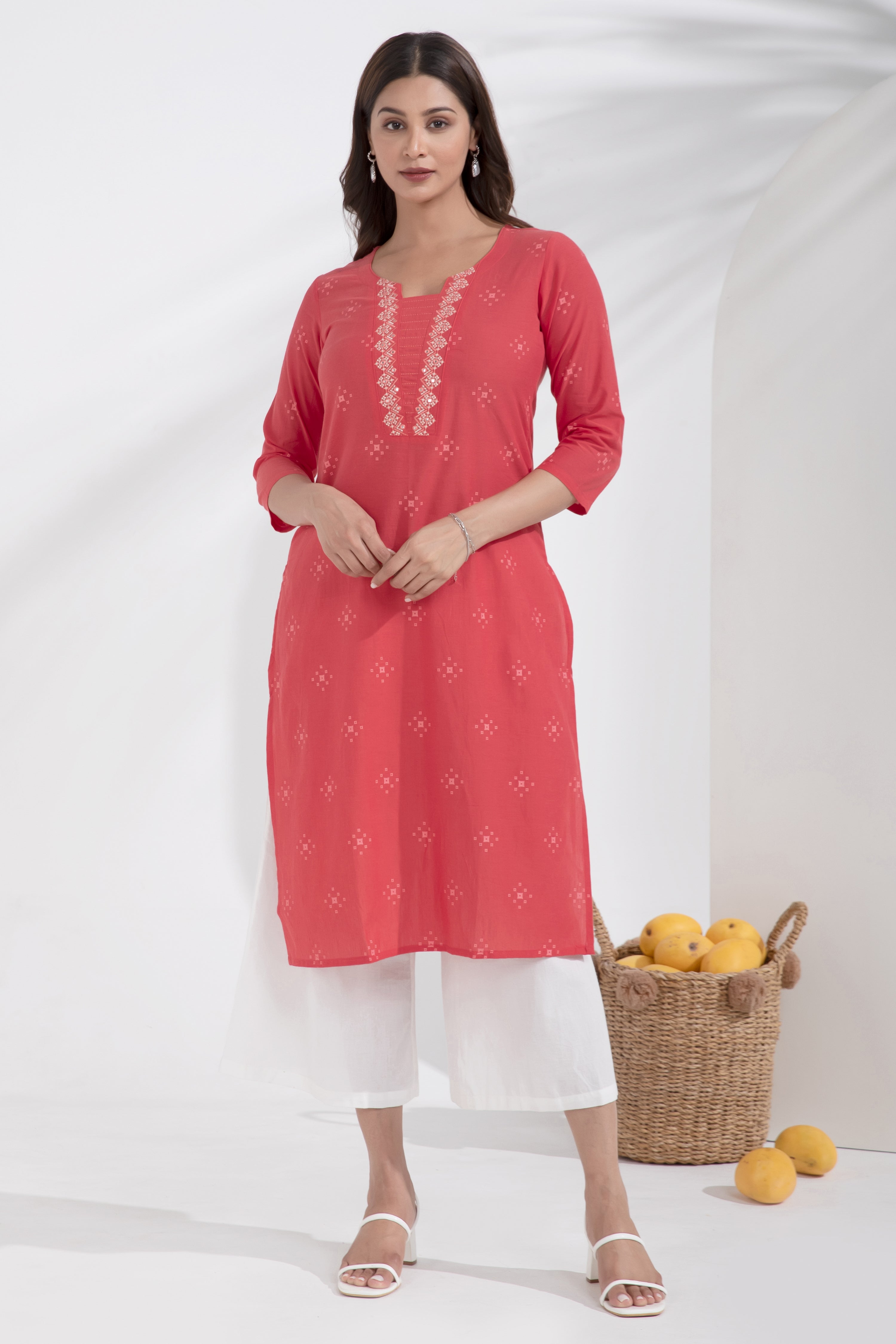 Geometric Embroidered Cotton Peach Kurta