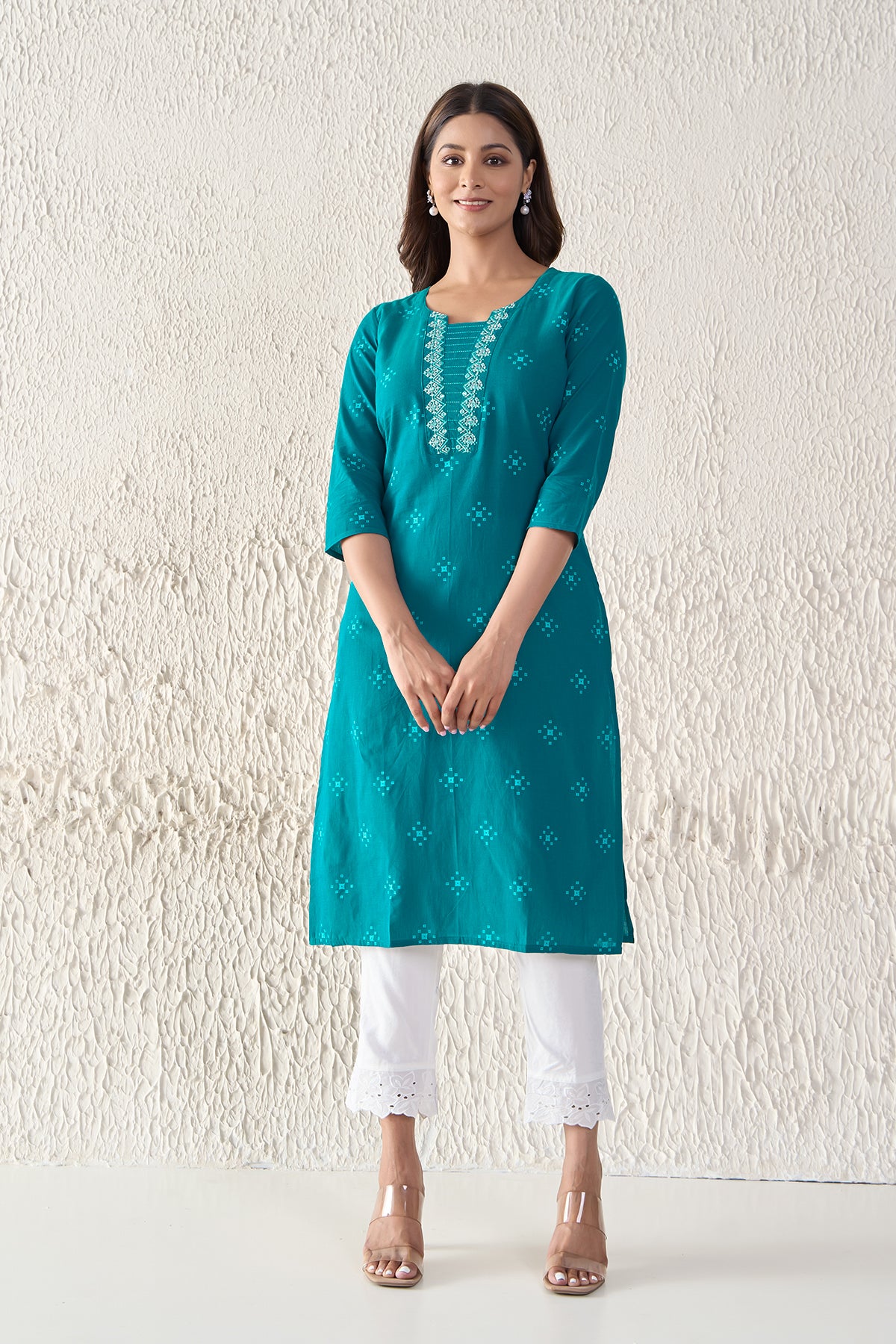 Geometric Embroidered Cotton Aqua Blue Kurta