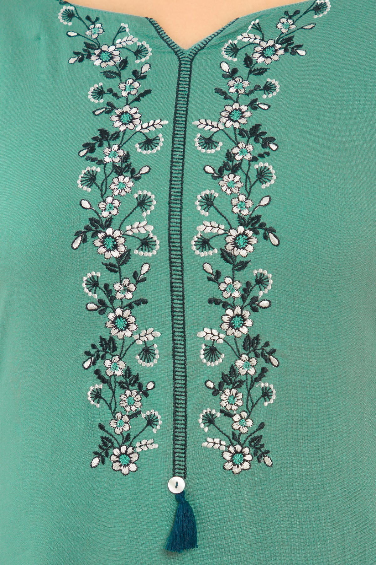 Floral Embroidered A Line Tie waist Kurta Green