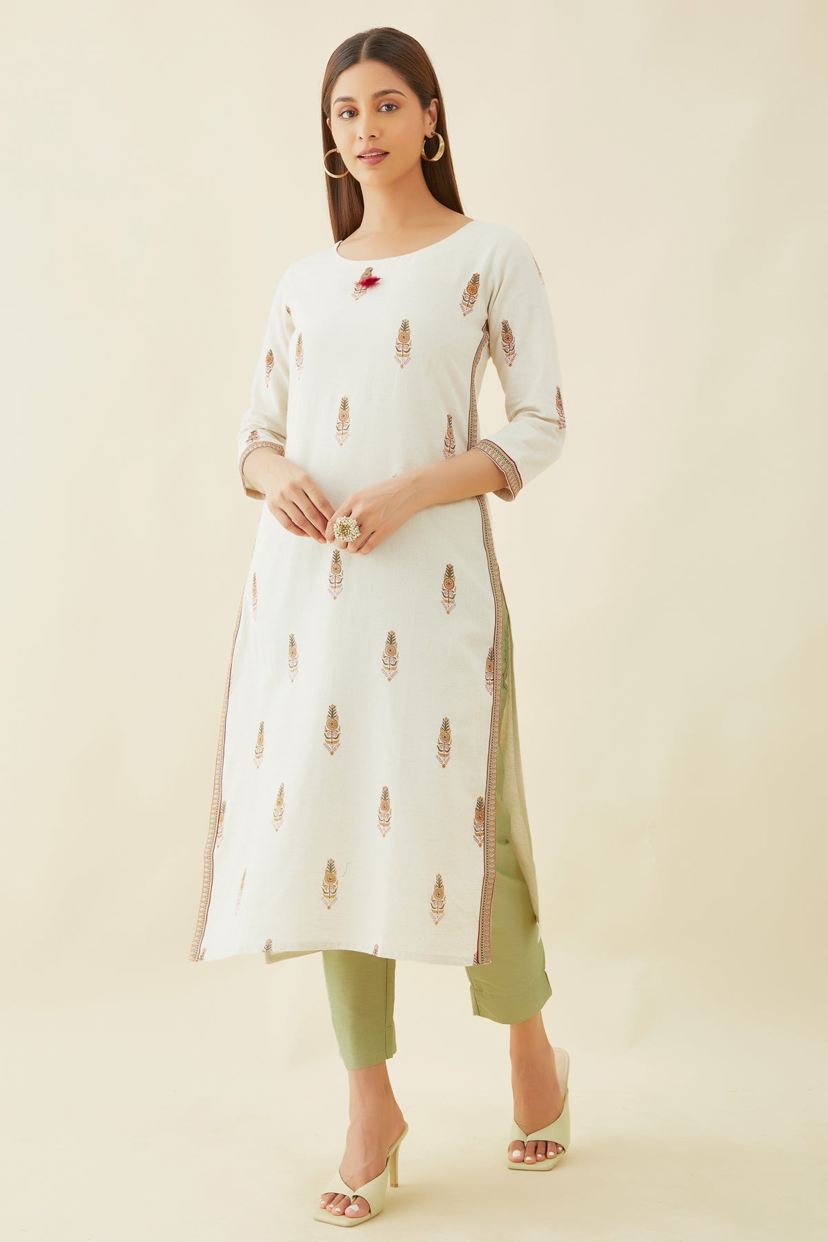 All Over Geometric Motif Printed Kurta Off White